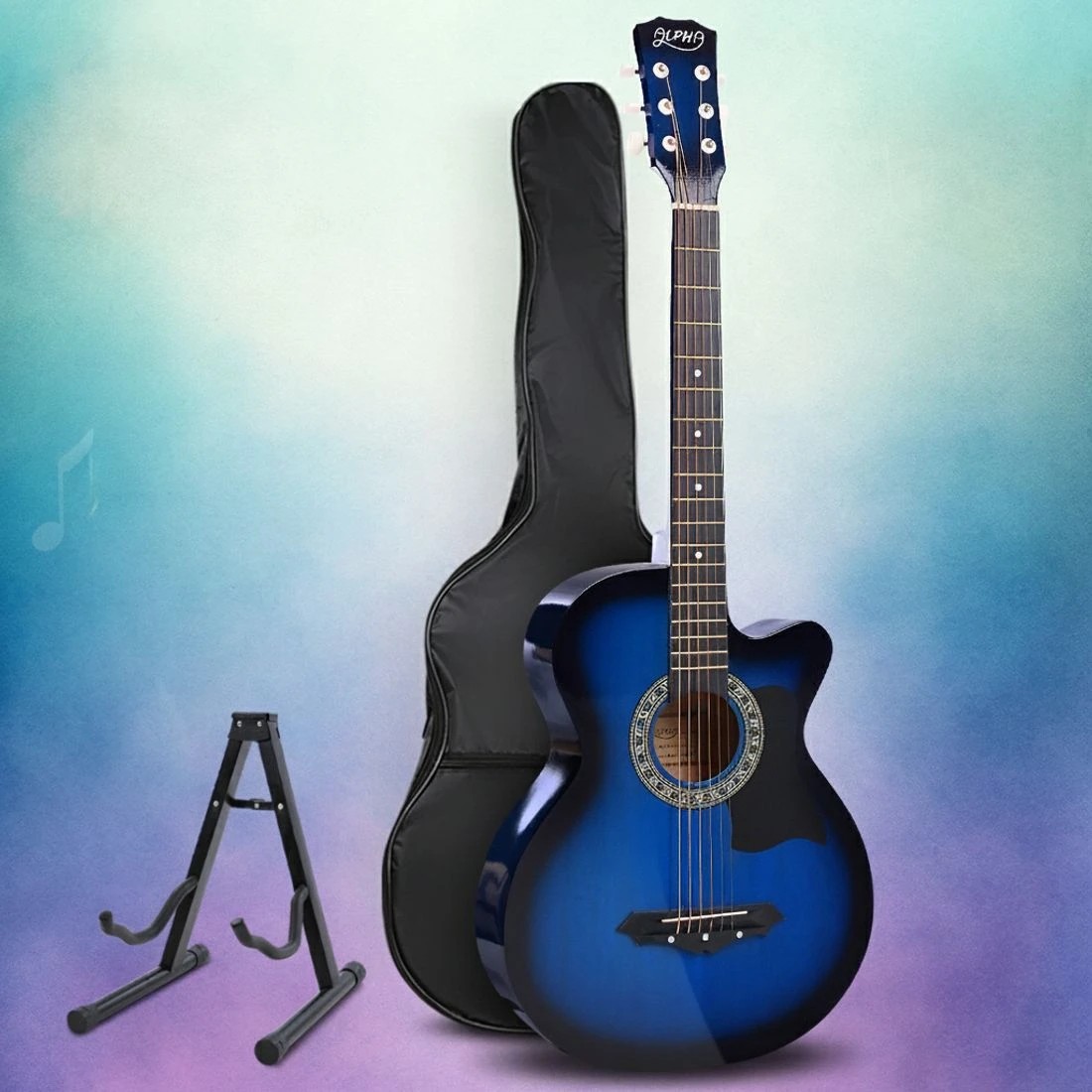 7 Alpha 38 Inch Acoustic Guitar Wooden Body Steel String w/ Stand - Multi, 7 of 7