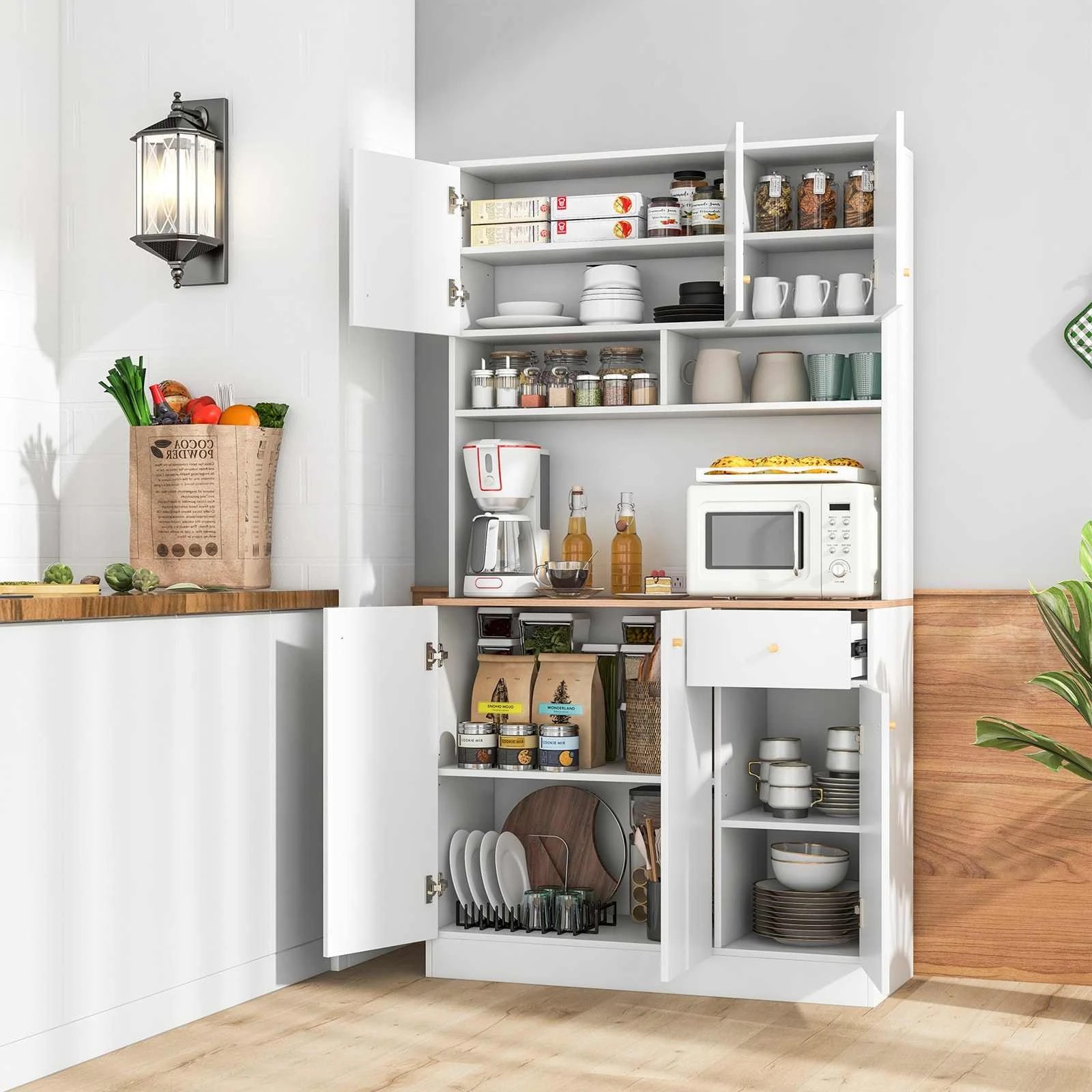 2 Costway Kitchen Pantry Wooden Cupboard Microwave Storage Cabinet w/Adjustable Shelves - White, 2 of 2
