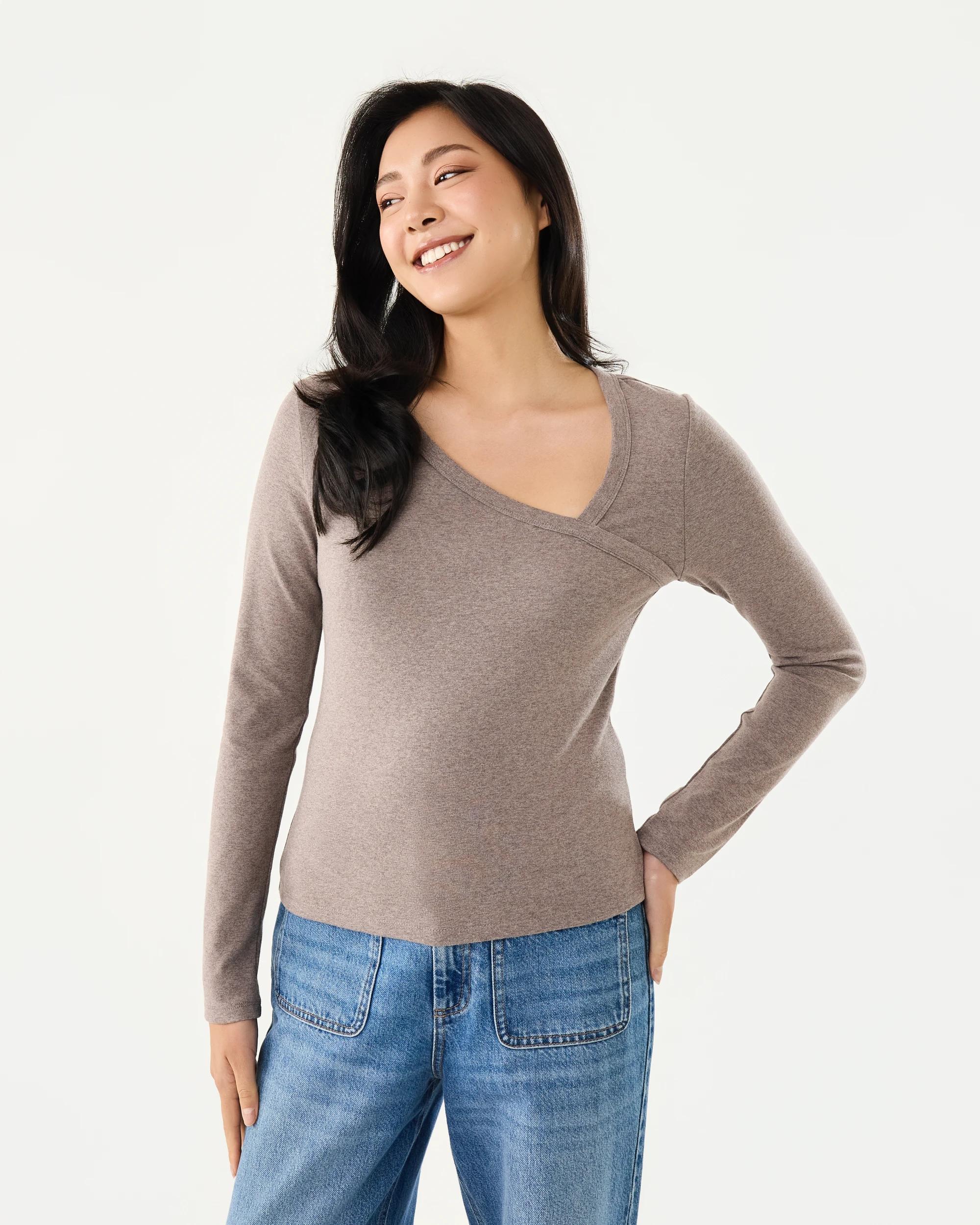1 Long Sleeve Asymmetric Neck Top Taupe Mrl, 1 of 4