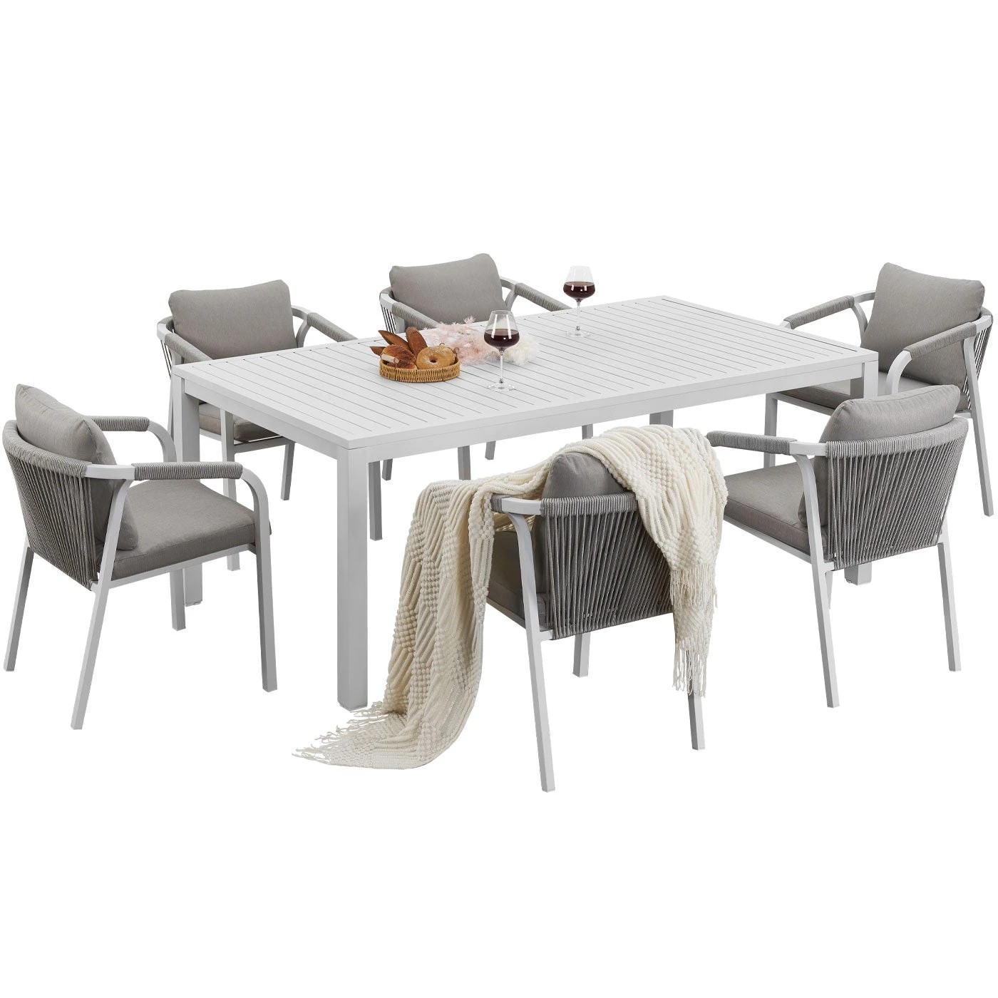 4 Moda Living La Perouse 7-Piece White Aluminium Outdoor Dining Set - Light Beige Cushion - White, 4 of 10