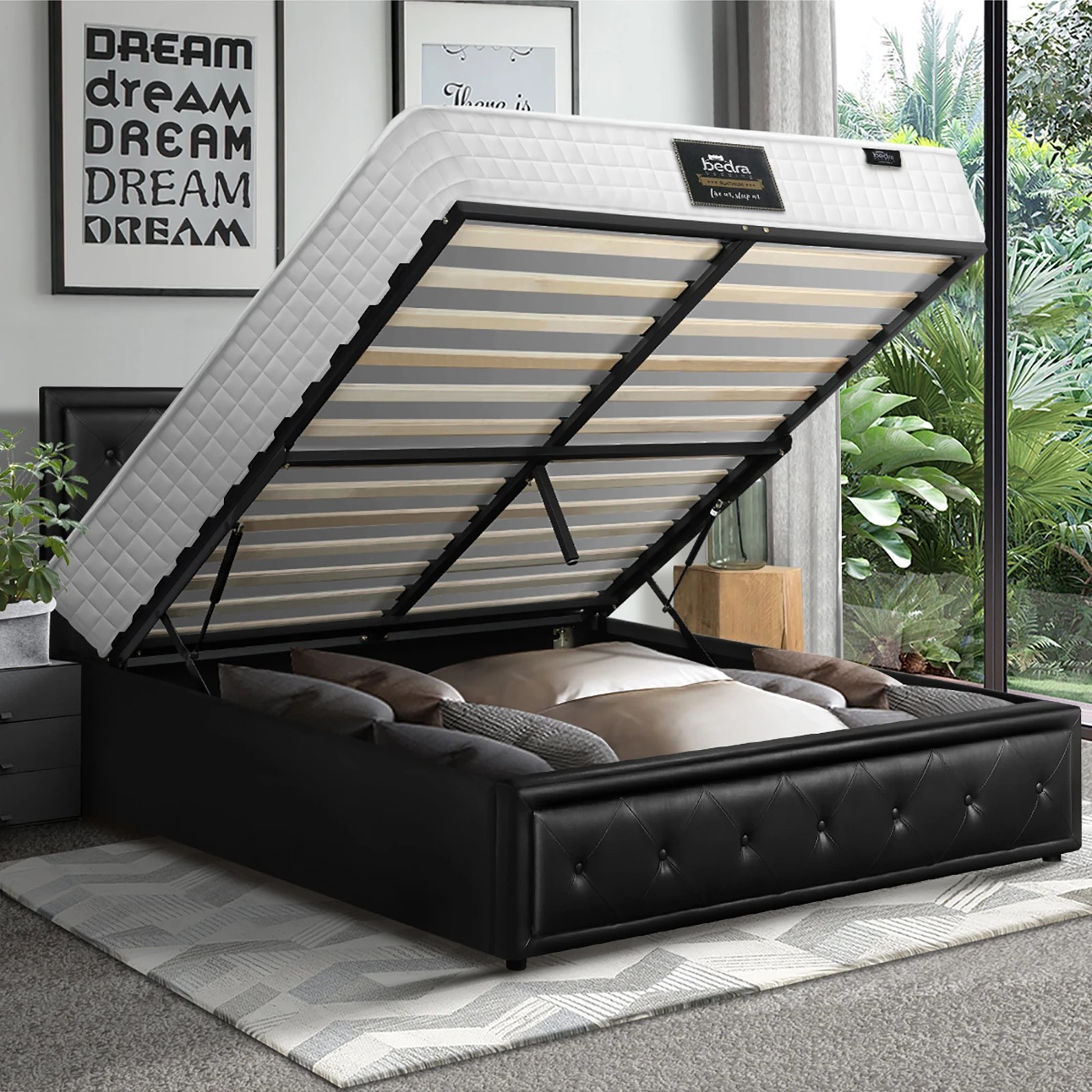 5 Oikiture Bed Frame Double Size Gas Lift Storage Mattress Base Leather - Black, 5 of 8