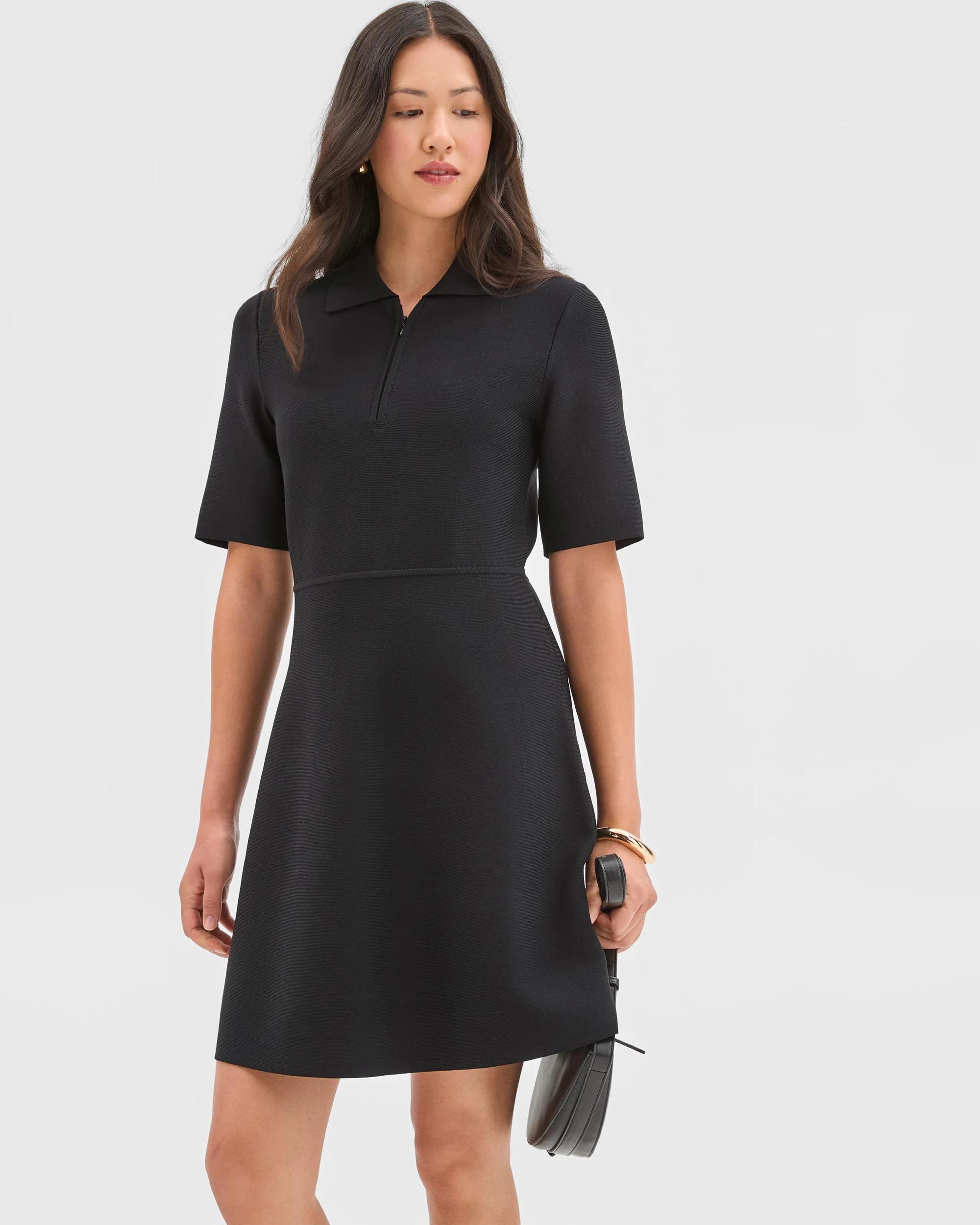 1 Preview Short Sleeve Crepe Knit Mini Dress BLACK, 1 of 6