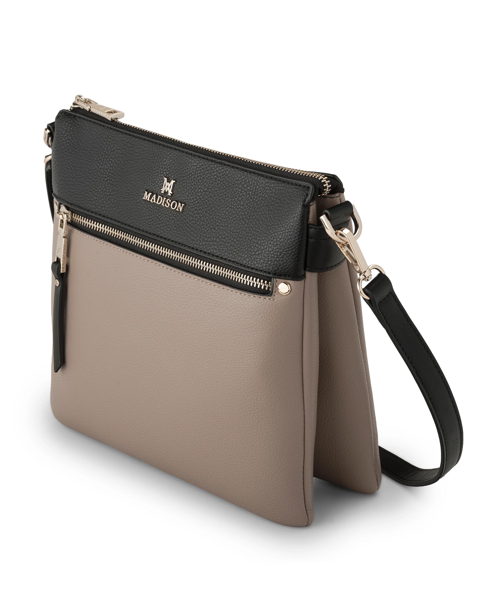 3 Madison Accessories Renee Zip Top 2 Compartment Crossbody TAUPE-BLACK LT GOLD, 3 of 7