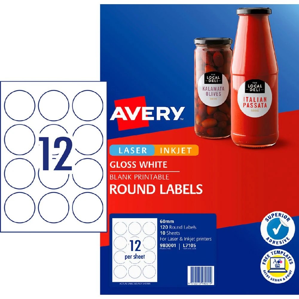 1 Avery 12UP Inkjet Laser Gloss Round Labels White 10 Sheets, 1 of 6