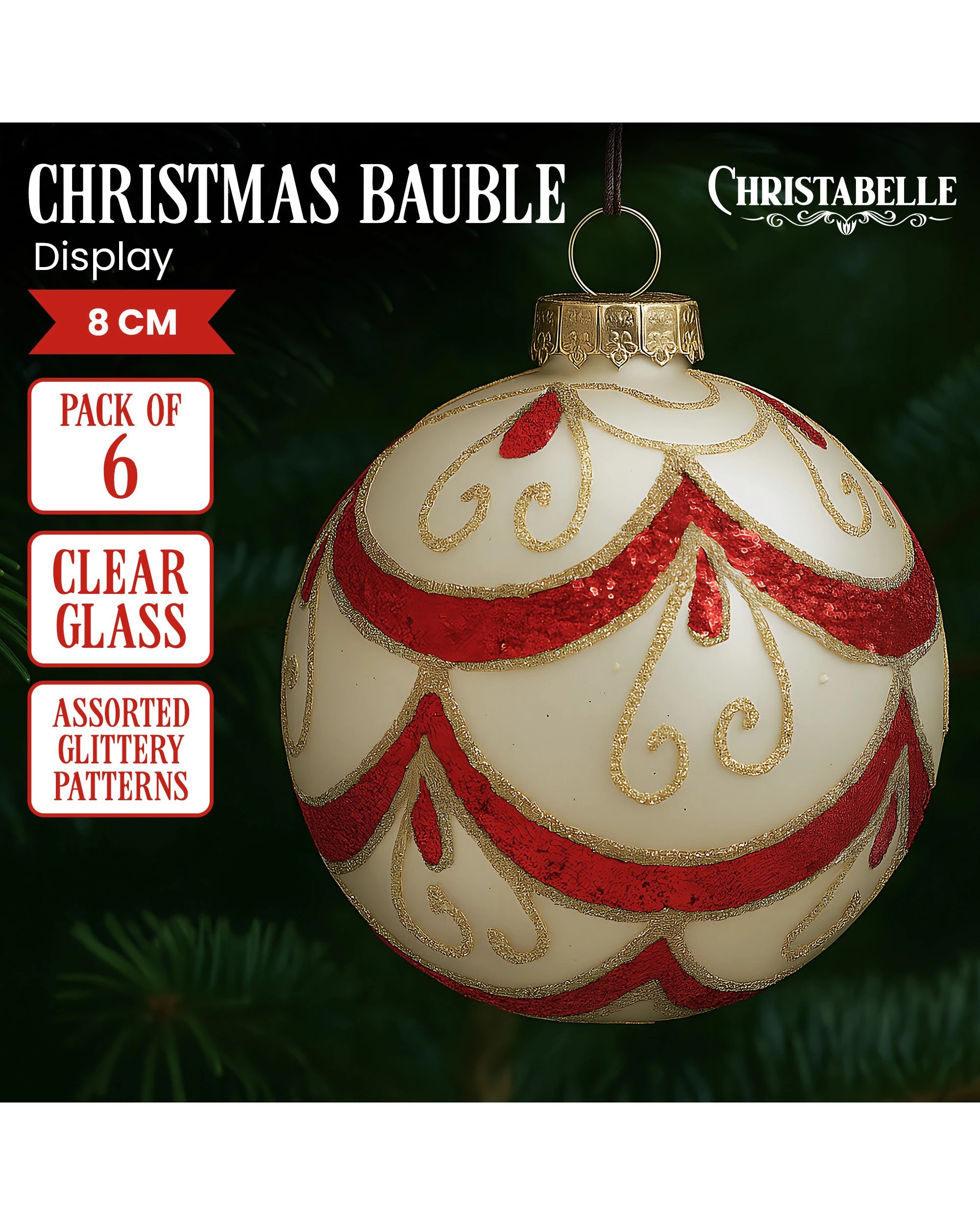 2 Christabelle White Glass Baubles 6Pcs with Red and Champagne Sparkle Swirls Balls Christmas Tree Decoration Ornament, 2 of 8