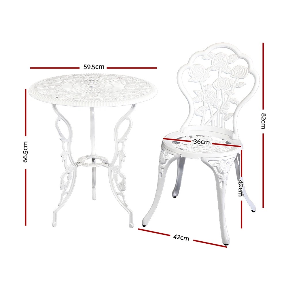 2 Gardeon 3PC Outdoor Setting Bistro Set Chairs Table Cast Aluminum Patio Furniture - White, 2 of 7