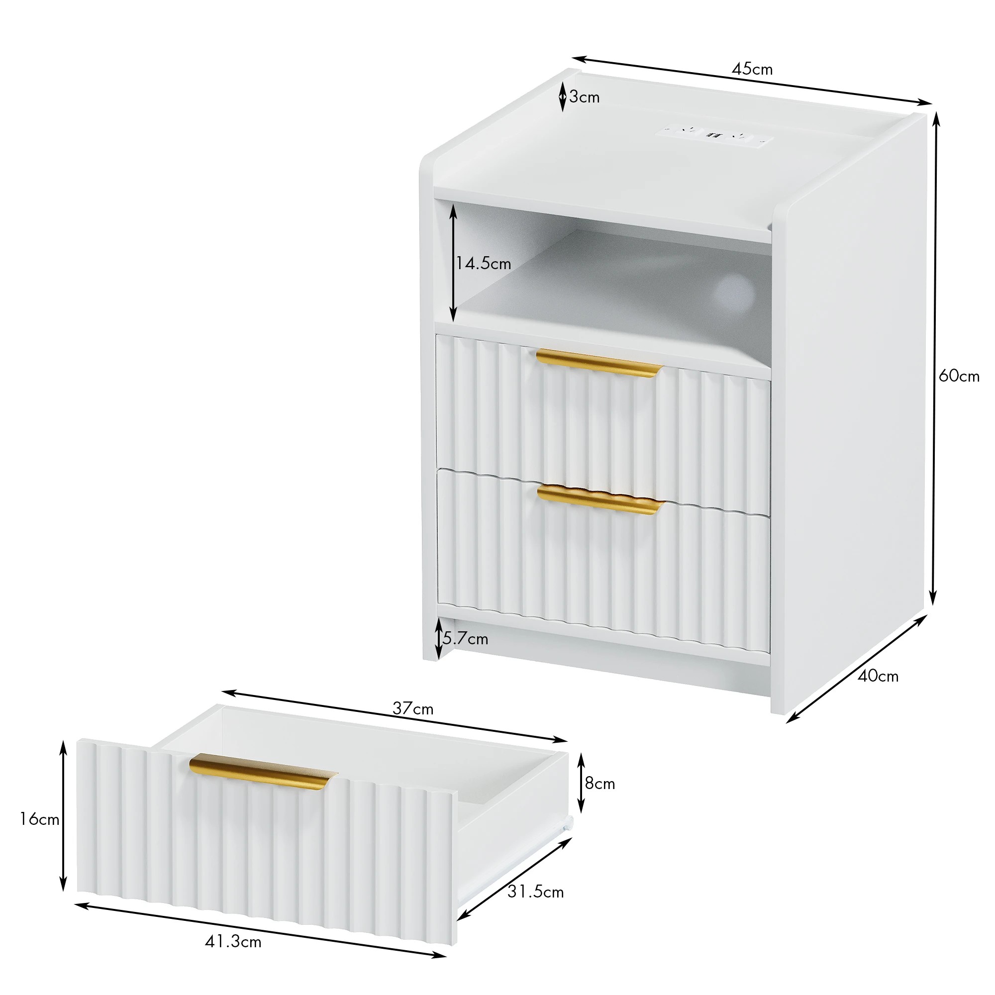 3 Advwin Bedside Table with Charging Station 2 Drawers Open Shelf - White, 3 of 7