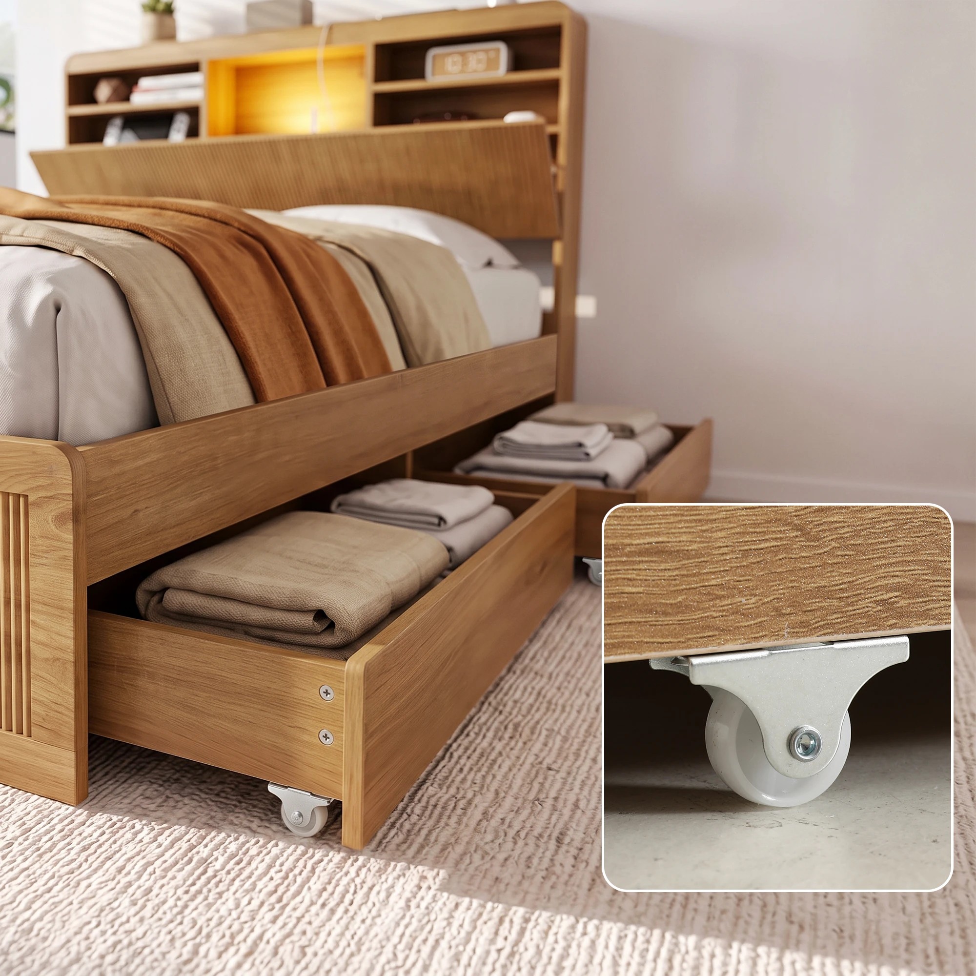 5 Artiss Bed Frame with Storage, 4 Drawers, USB and Night Light - Double Bed - Natural, 5 of 8