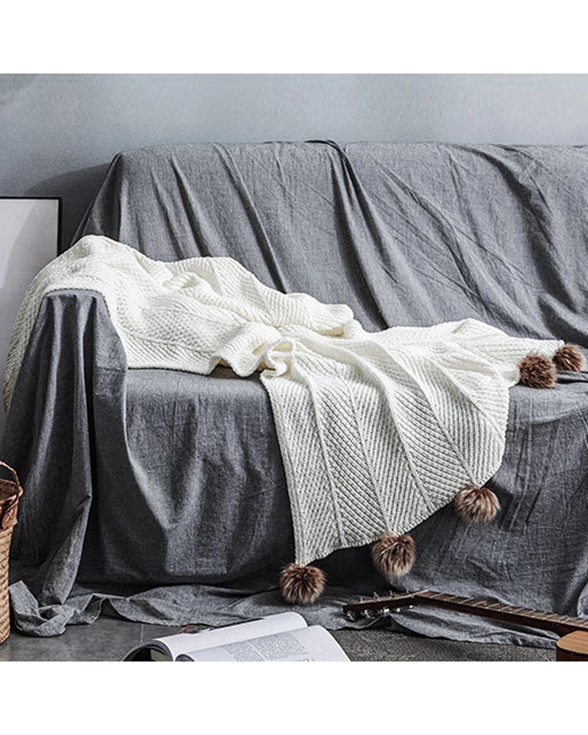 2 Cotton More Acrylic Knitted Blanket Feather PomPom Throw Rug 130x160cm Ivory - White, 2 of 4