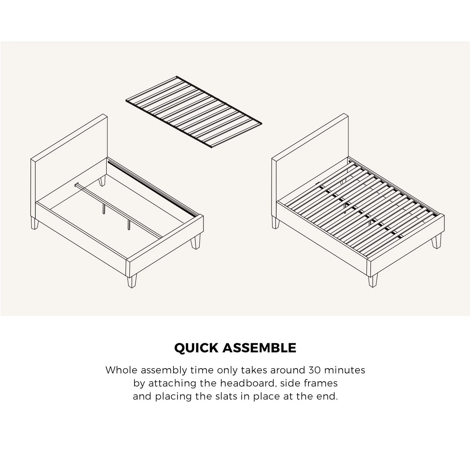 6 Oikiture Bed Frame Double Size Wooden Slats Fabric - Grey, 6 of 10