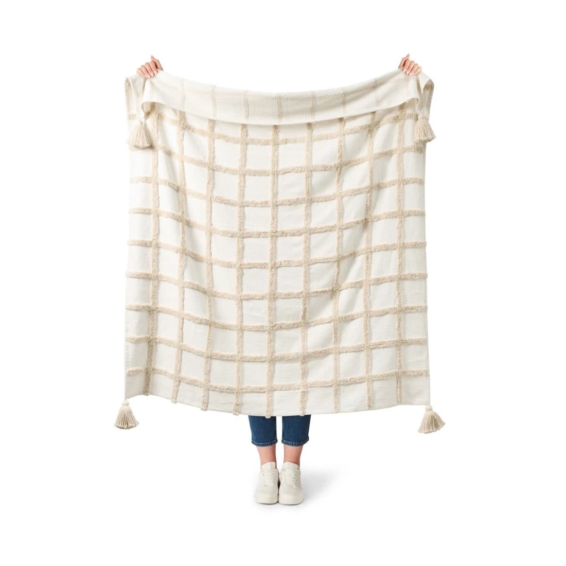 2 Grid Tufted Throw - Beige and White, 2 of 6