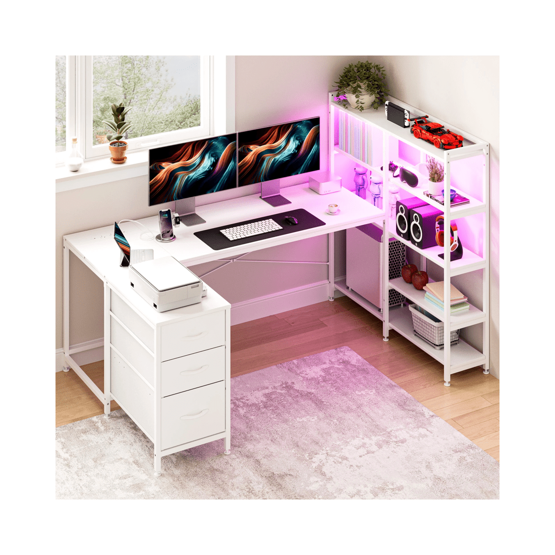9 Advwin U Shaped Gaming Desk With Led Lights & Power Outlets Reversible 164cm Computer Desk With Bookshelf White, 9 of 10