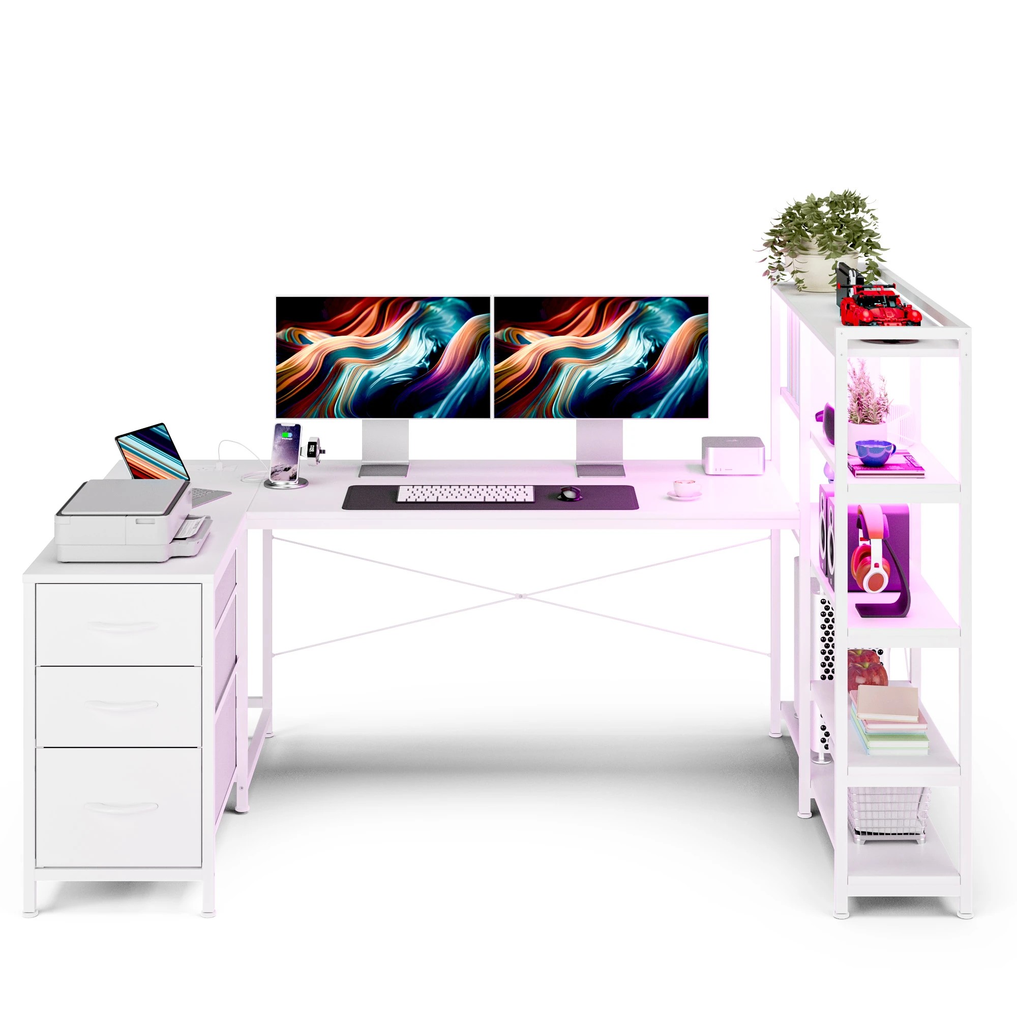 8 Advwin U Shaped Gaming Desk With Led Lights & Power Outlets Reversible 164cm Computer Desk With Bookshelf, 8 of 9