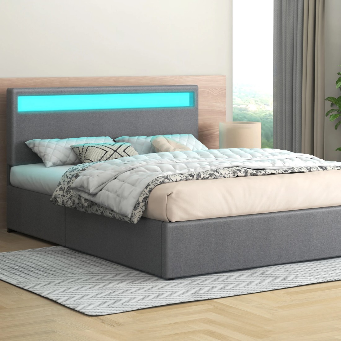 2 Alfordson Bed Frame King Size RGB LED Gas Lift Storage Base Fbric Luchino - Grey, 2 of 10