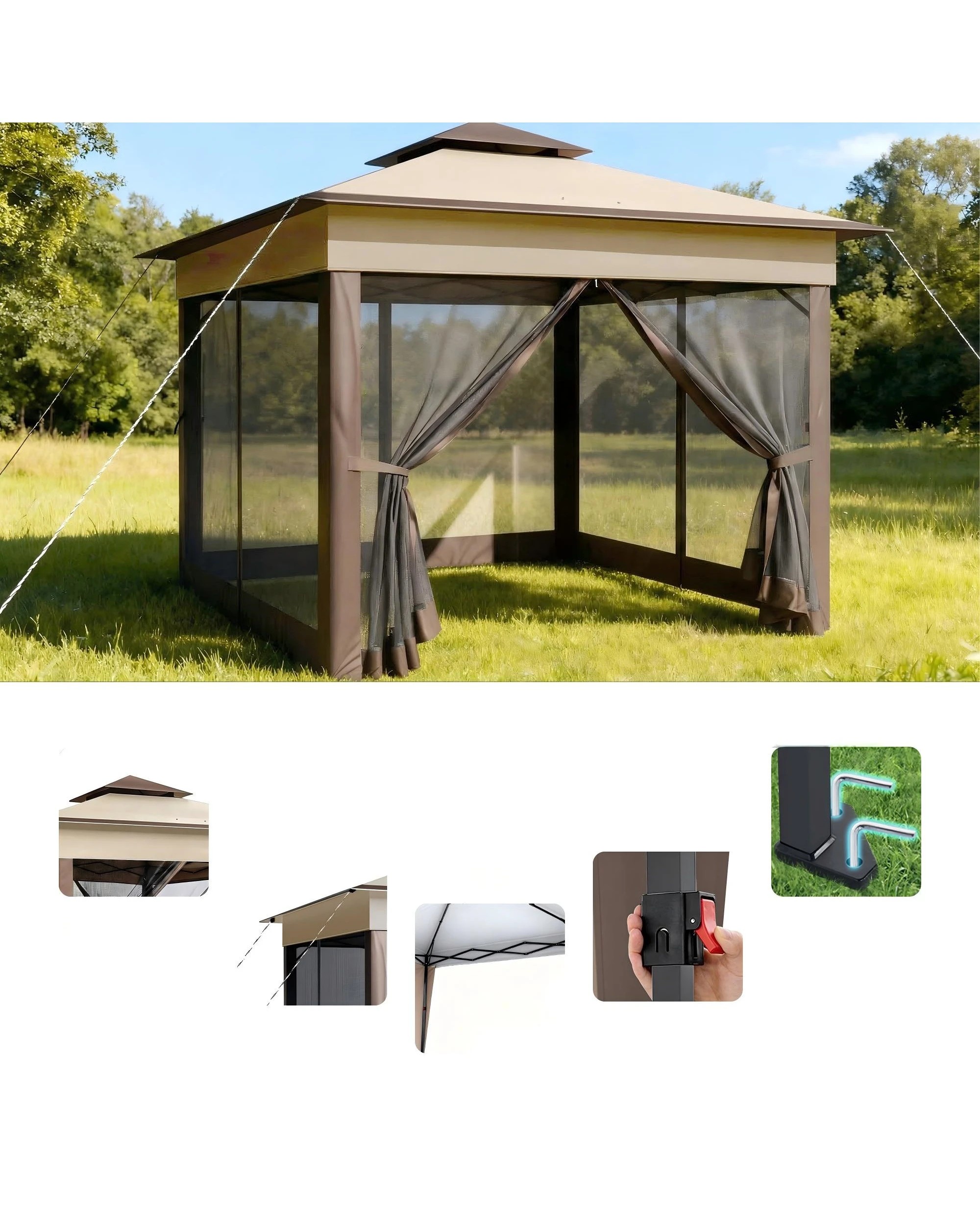 3 Advwin 3.3x3.3m Gazebo Marquee Pop-up Folding Canopy with 4 Mesh Panels - Beige, 3 of 7