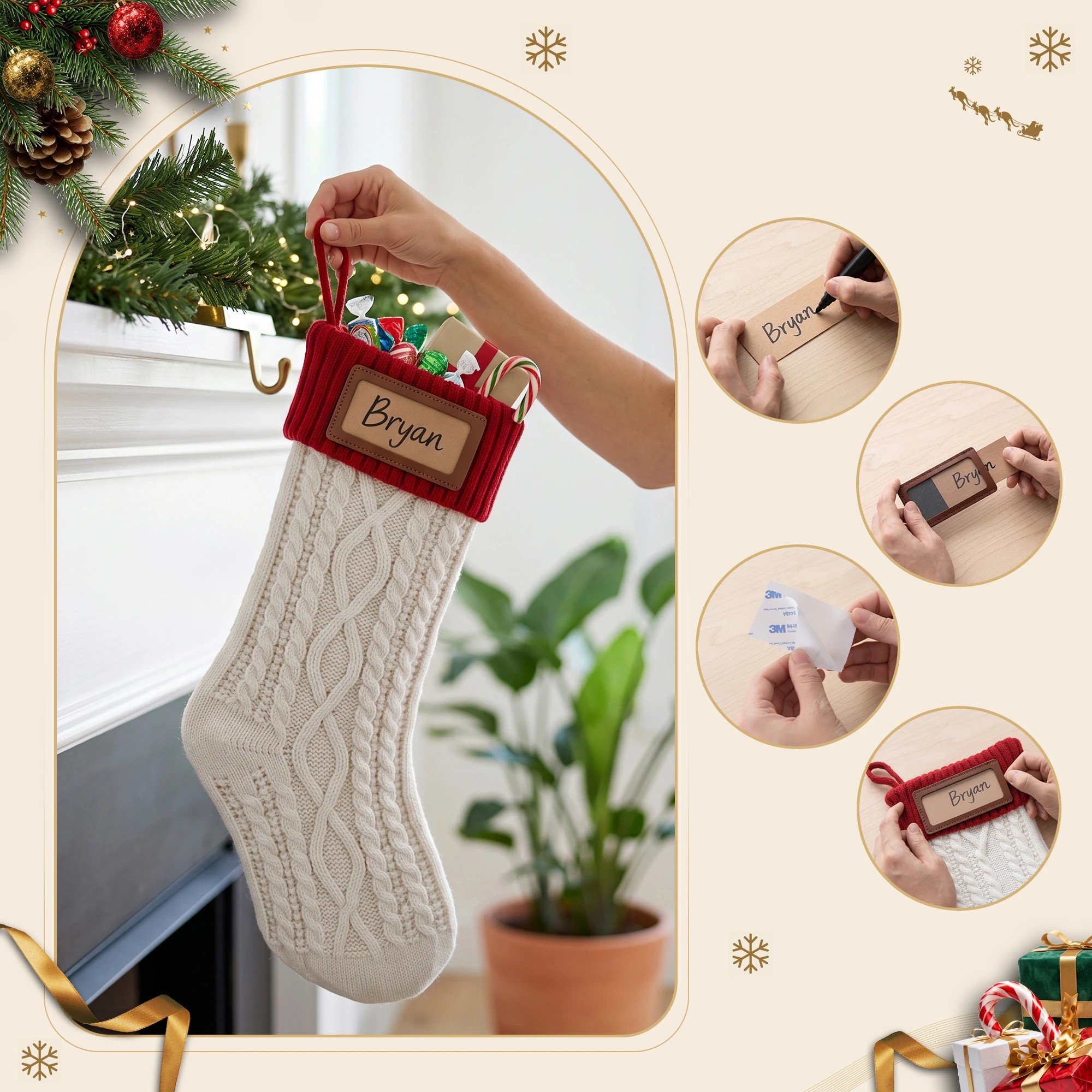 6 Jingle Jollys 3PCS Personalized Christmas Stockings Leather Patches 16 Inch Knitted Xmas Hanging Decor - Multi, 6 of 7