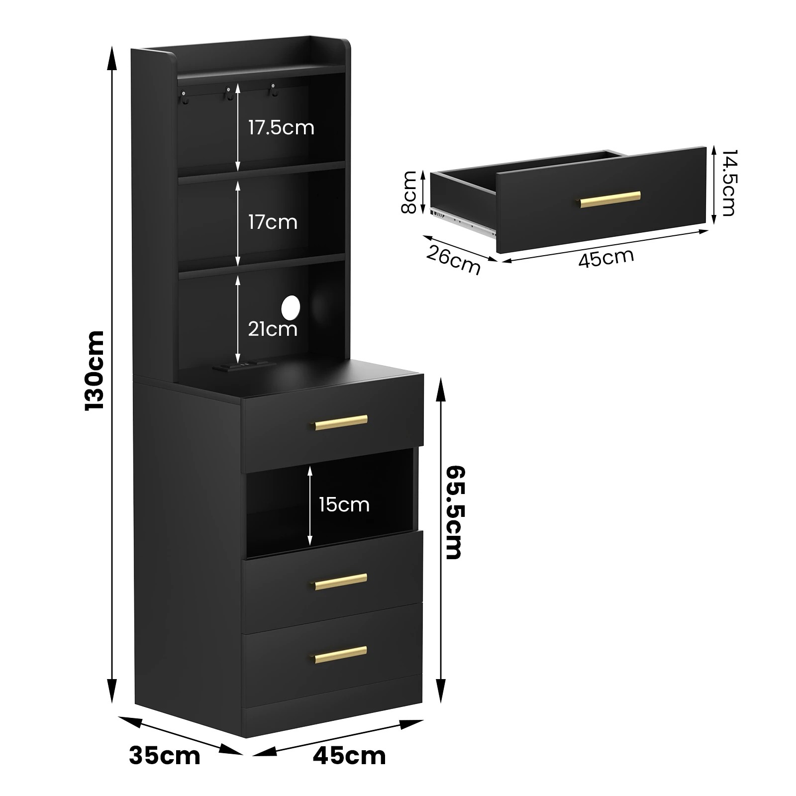 2 Advwin Tall Bedside Table with Charging Station LED Lights 3 Drawers Nightstand - Black, 2 of 9
