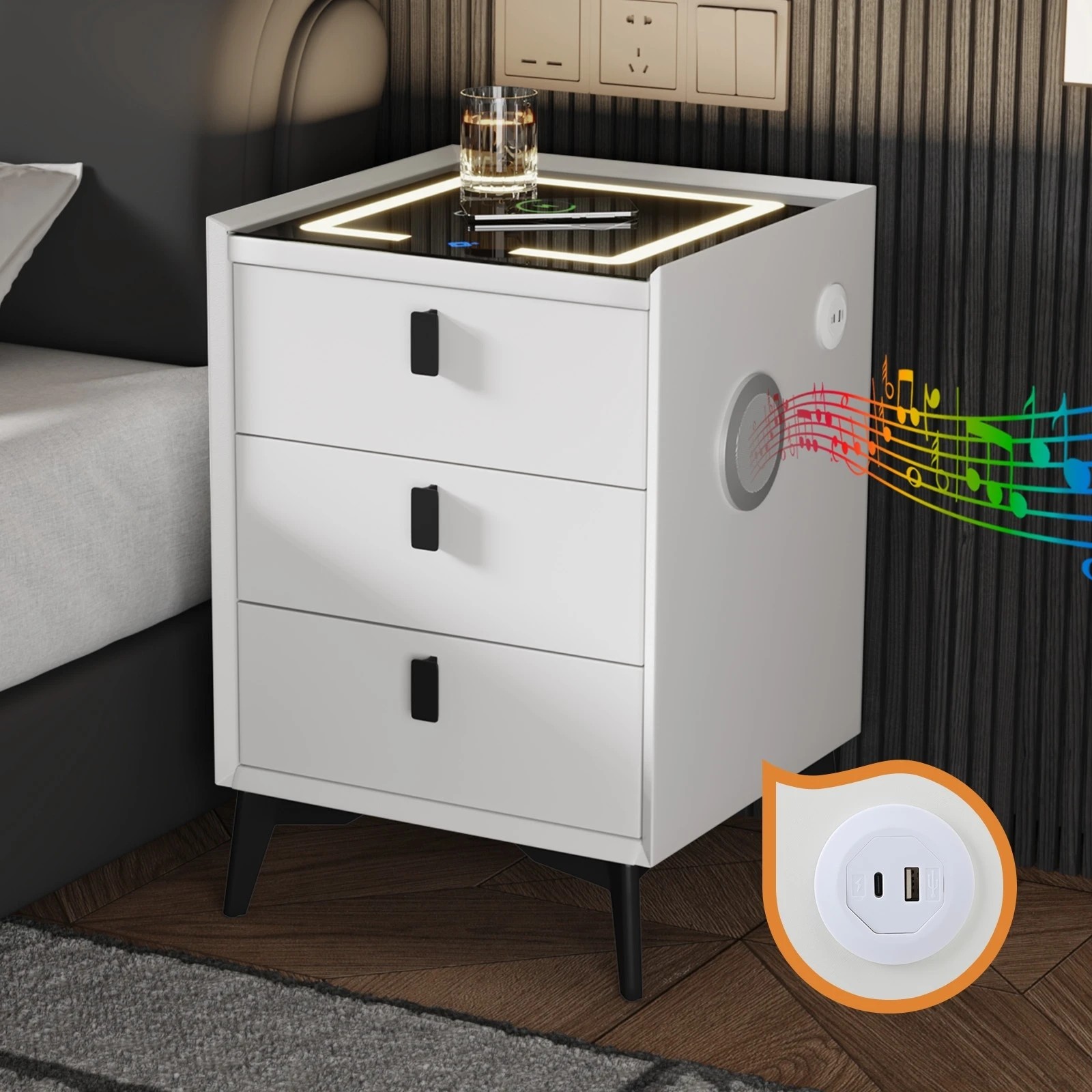 7 Oikiture Set of 2 Smart Bedside Tables Wireless Charging LED 3 Drawer Nightstand - White, 7 of 7