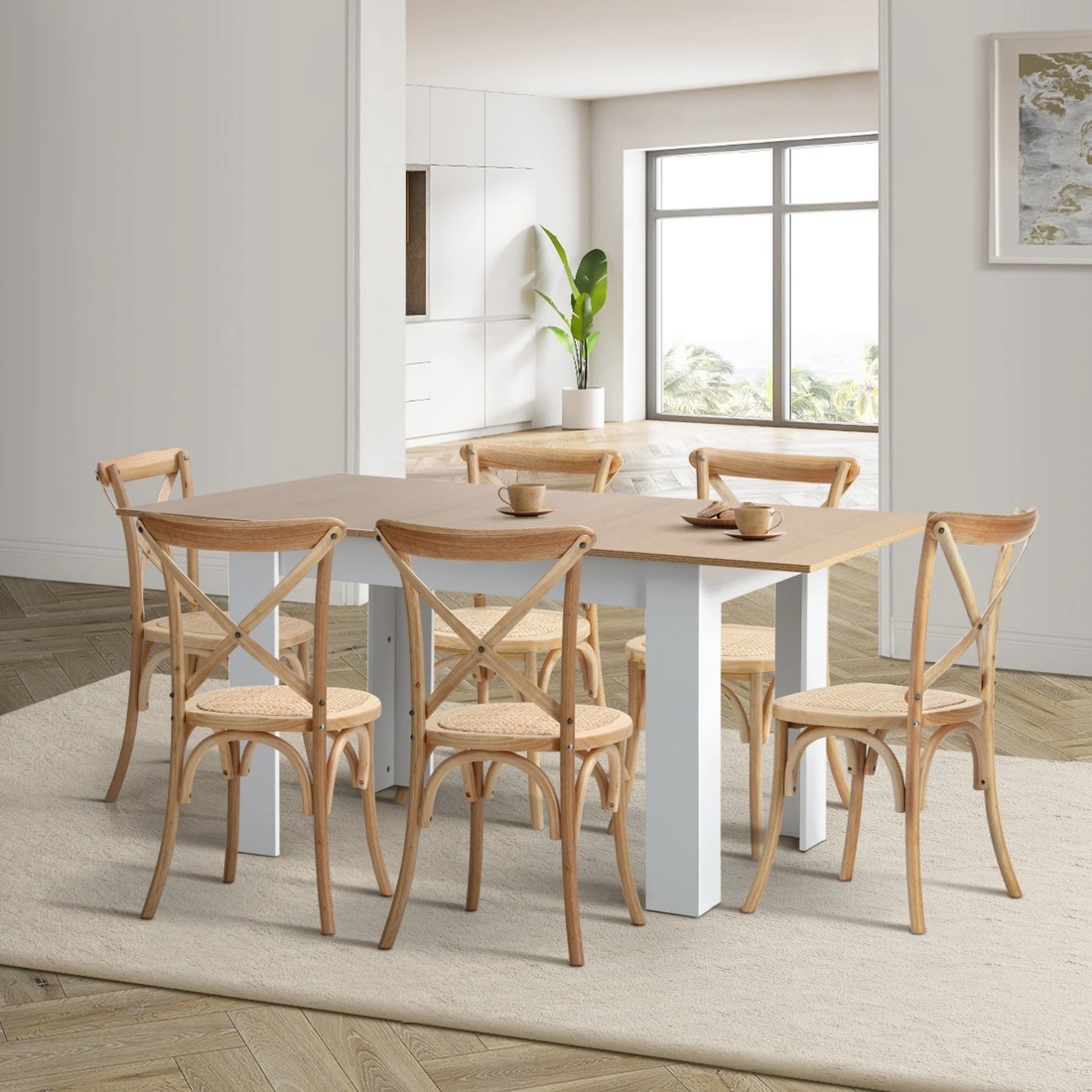 2 Oikiture 160cm Extendable Dining Table With 6pcs Dining Chairs Crossback Wooden
 - Multi, 2 of 10
