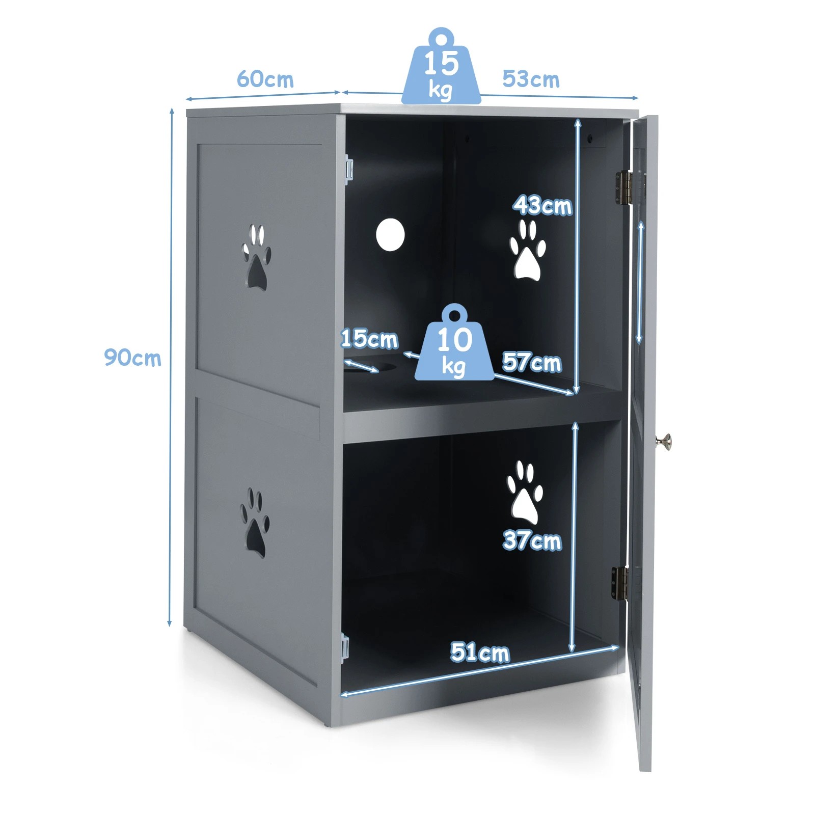 2 Costway 2-Tier Cat Litter Box Wood Storage Cabinet Enclosed Kitten Washroom - Grey, 2 of 5
