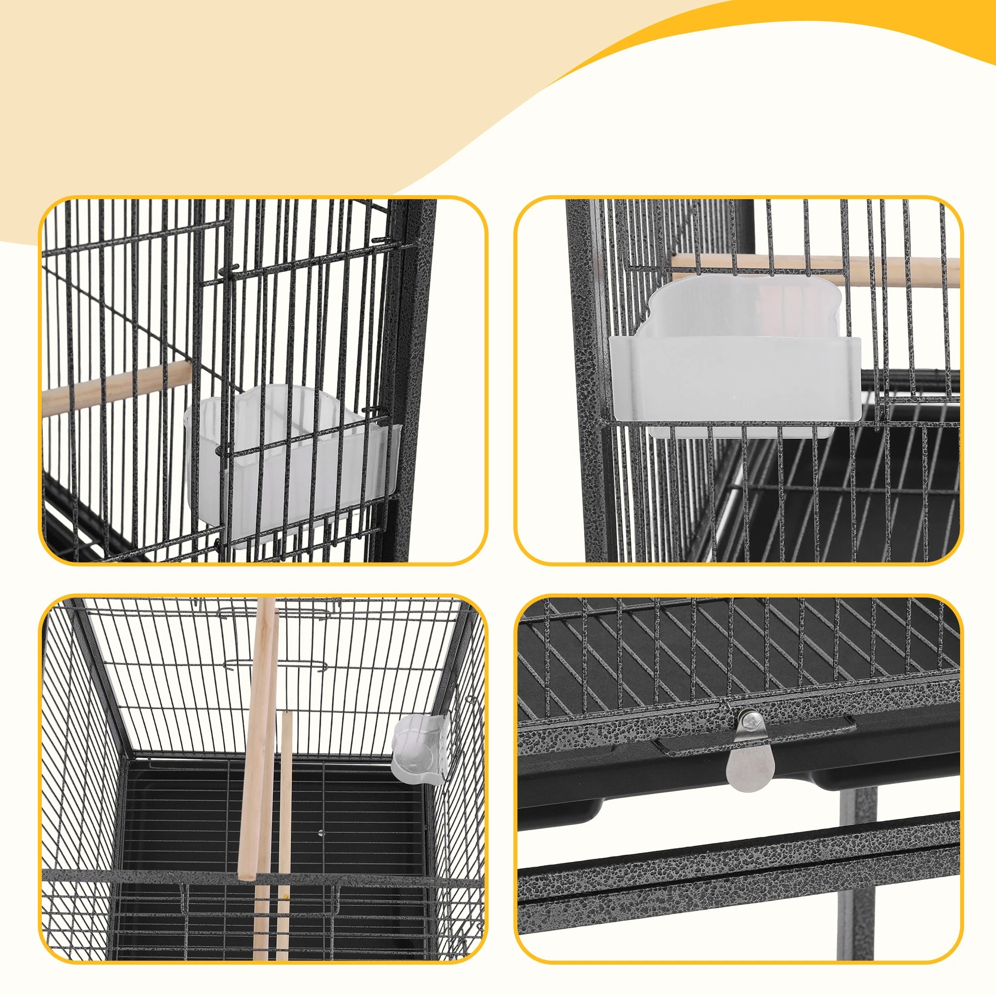 6 i.Pet 136cm Bird Cage Aviary Open Top Parrot Budgie Stand Wheels Black - Black, 6 of 8