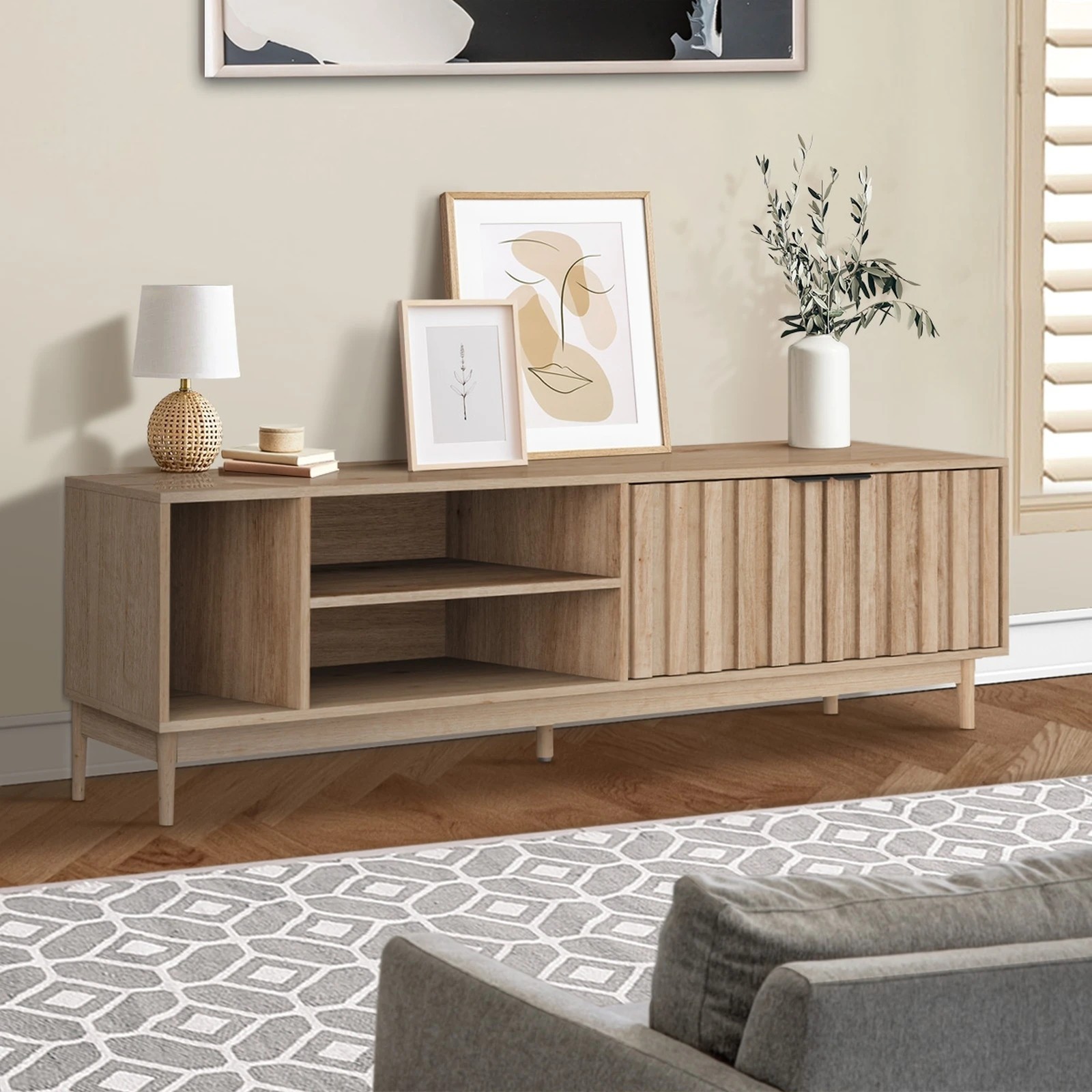 3 Oikiture Entertainment Unit Curved Ripple Door 160cm
 - Natural, 3 of 9