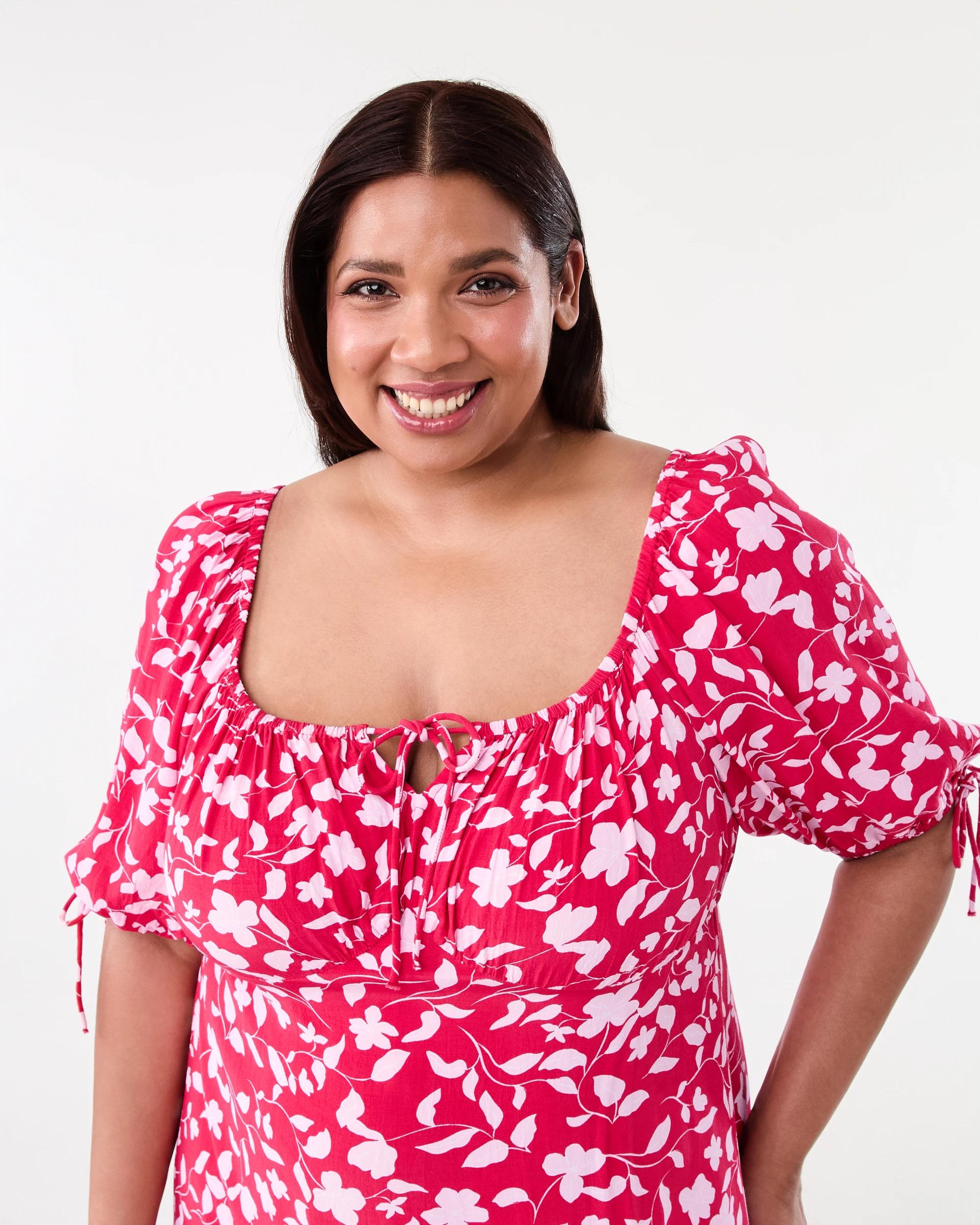 4 Curve Short Sleeve Square Neck Midi Dress Red Flrl, 4 of 6