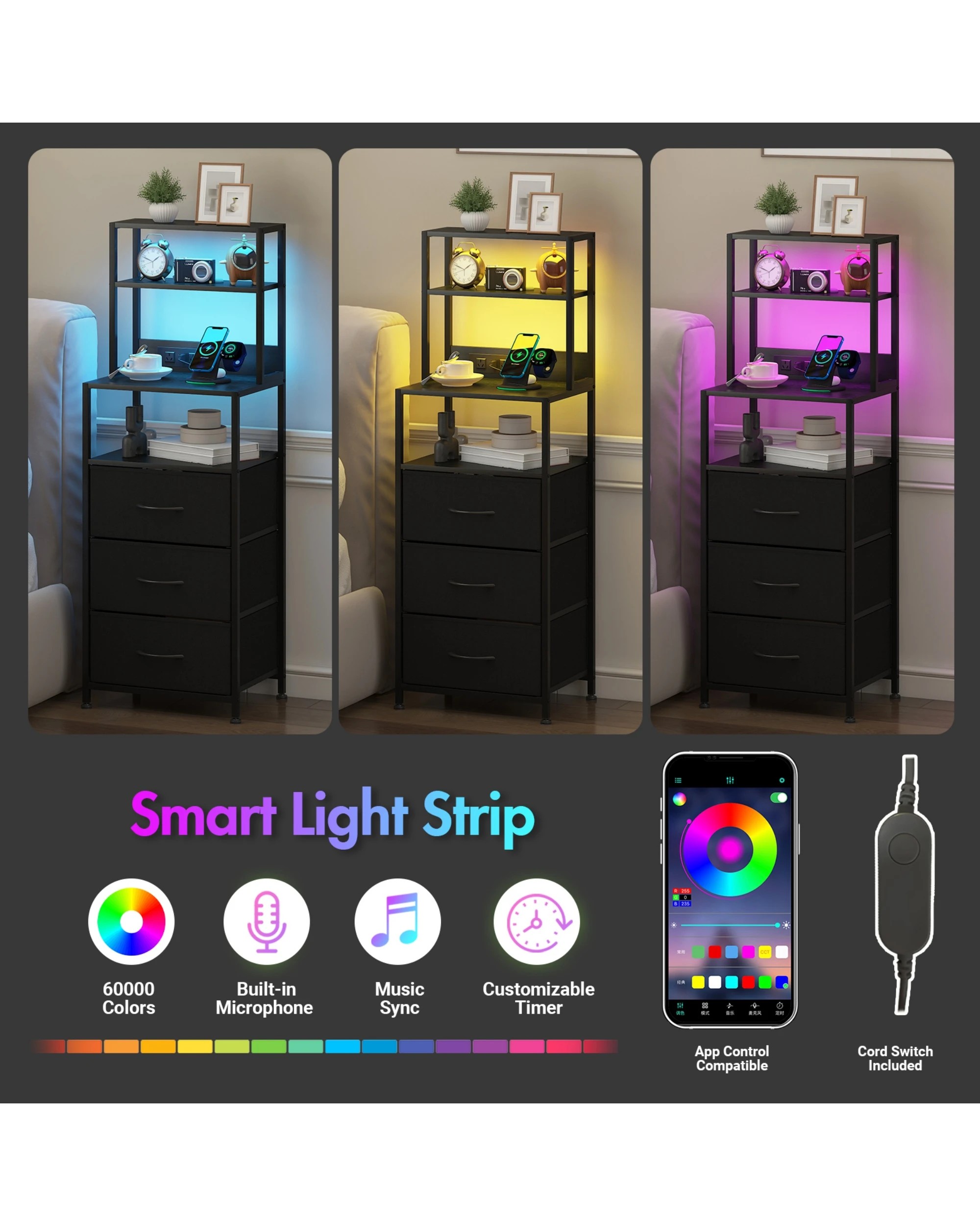 6 Advwin Led Bedside Table With Charging Station 3 Fabric Drawers Nightstand
 - Black, 6 of 9