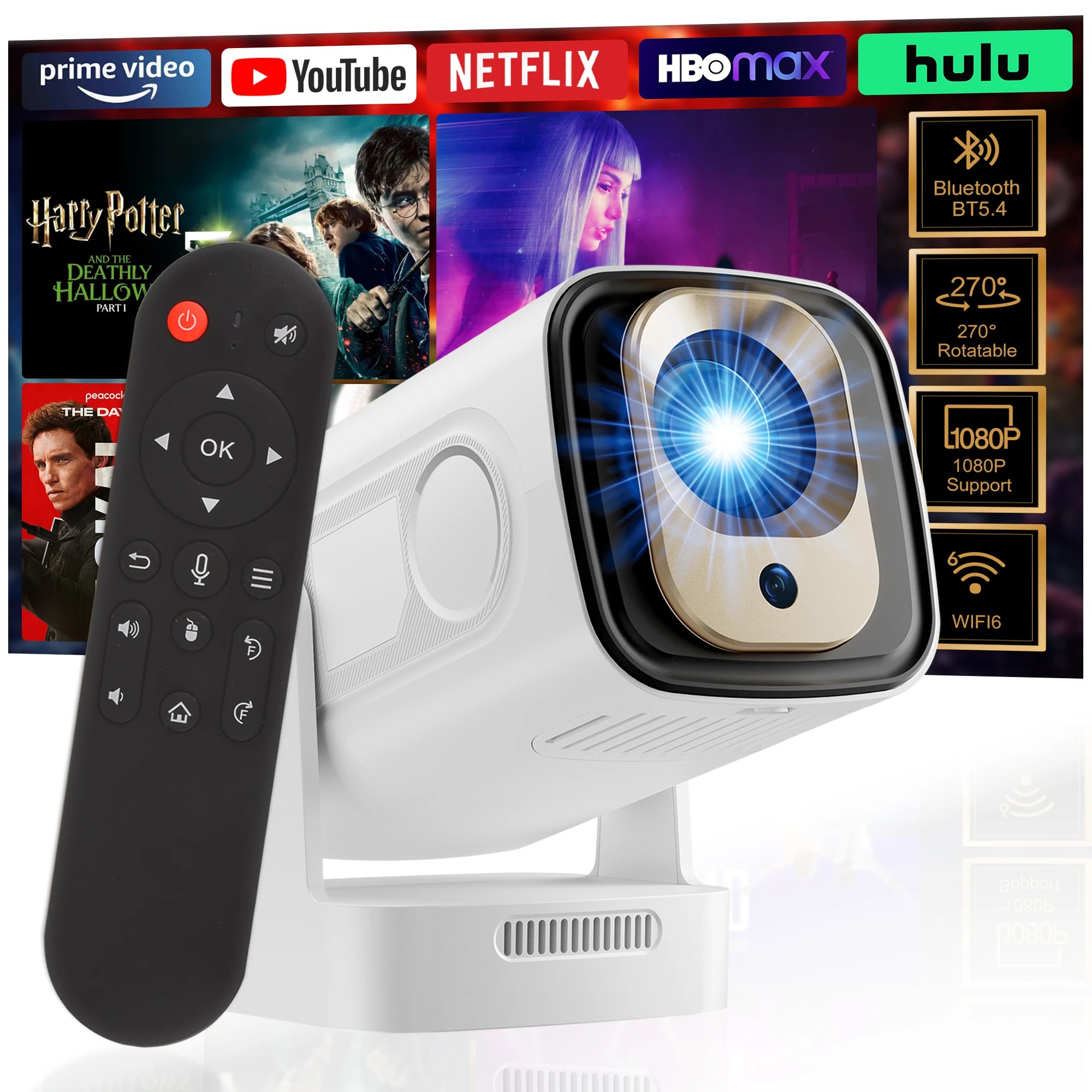 7 Advwin Mini Projector 8K Support Dual Band WiFi 6 BT5.4 330 ANSI Lumens 270° Rotatable Auto Focus Remote - White, 7 of 7