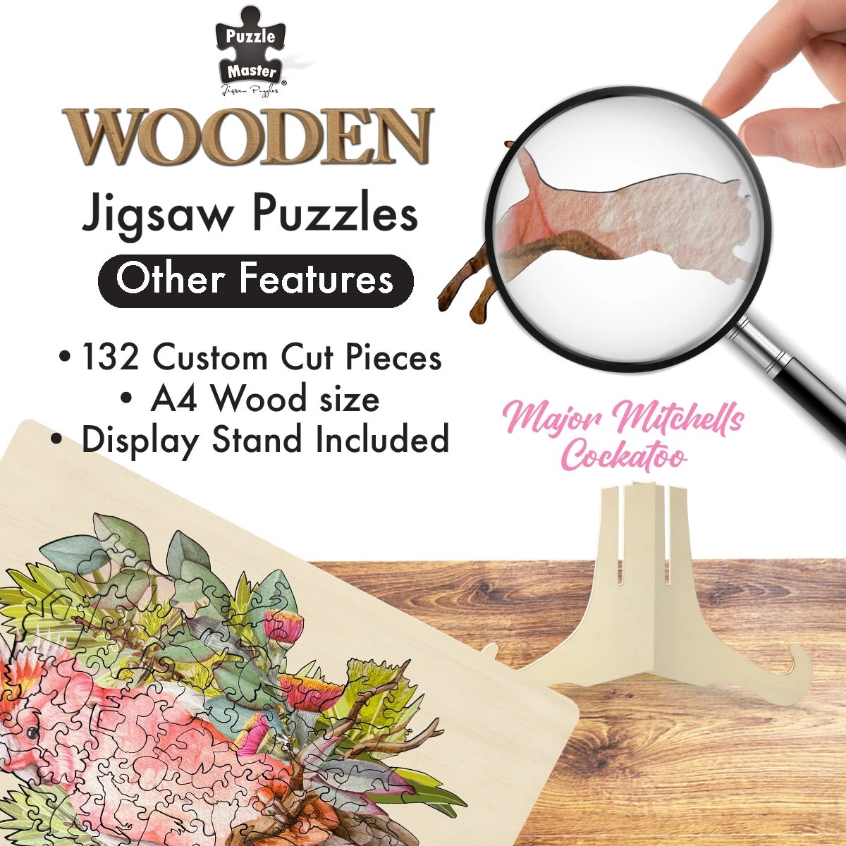 3 Puzzle Master Shaped Wooden Jigsaw Puzzle, Major Mitchell Cockatoo, 3 of 8