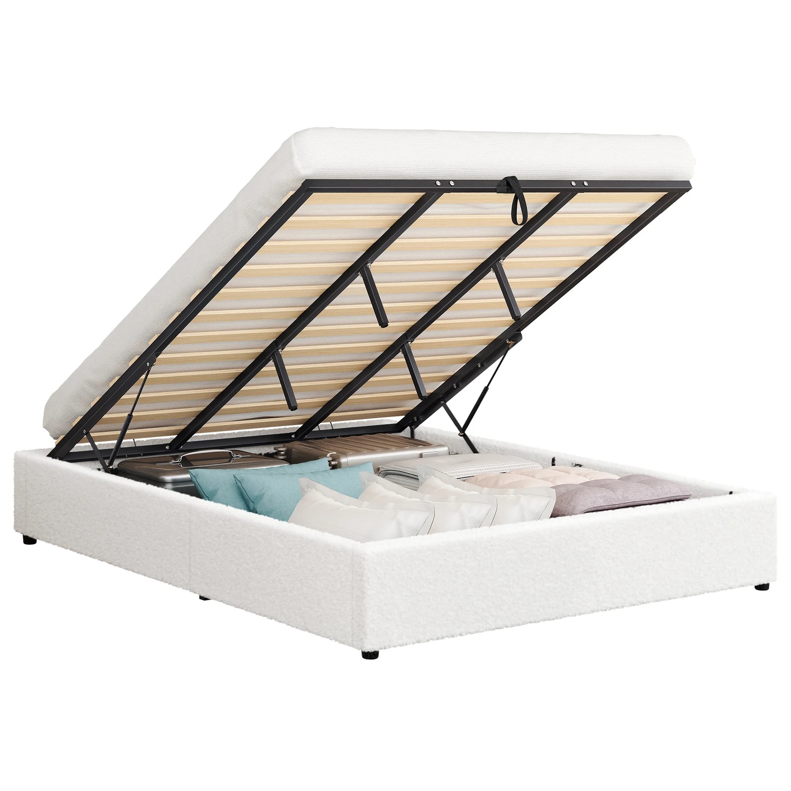 1 Alfordson Bed Frame King Size Gas Lift Storage Mattress Base Boucle Barlow - White, 1 of 10