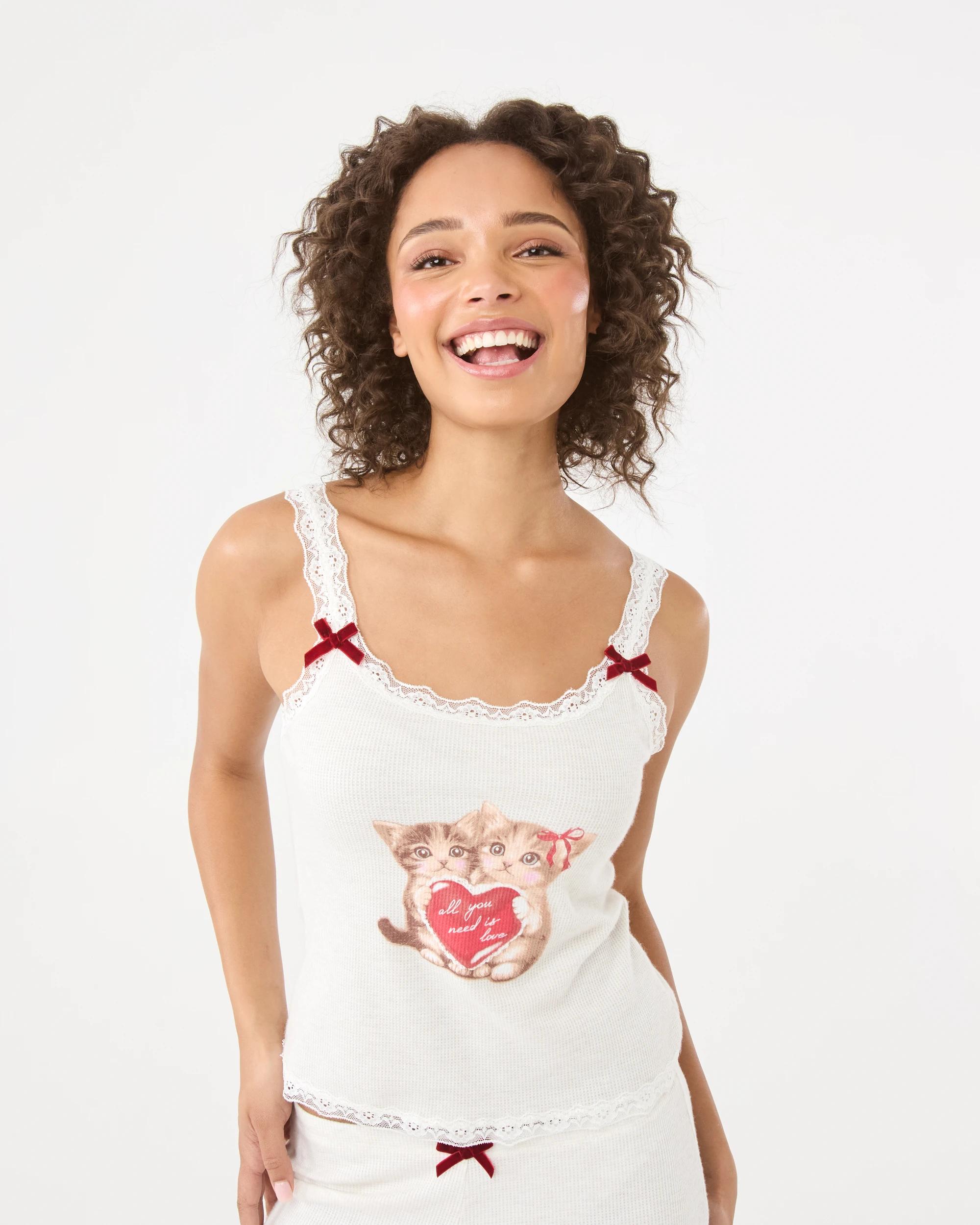 1 Lace Trim Waffle Cami Cat Heart, 1 of 9