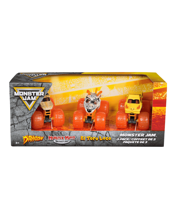 Monster Jam Earth Set: Official El Toro Loco , Dalmatian , Dragon 1:64 Scale Die - Cast Monster Trucks 3 Pack - Multi
