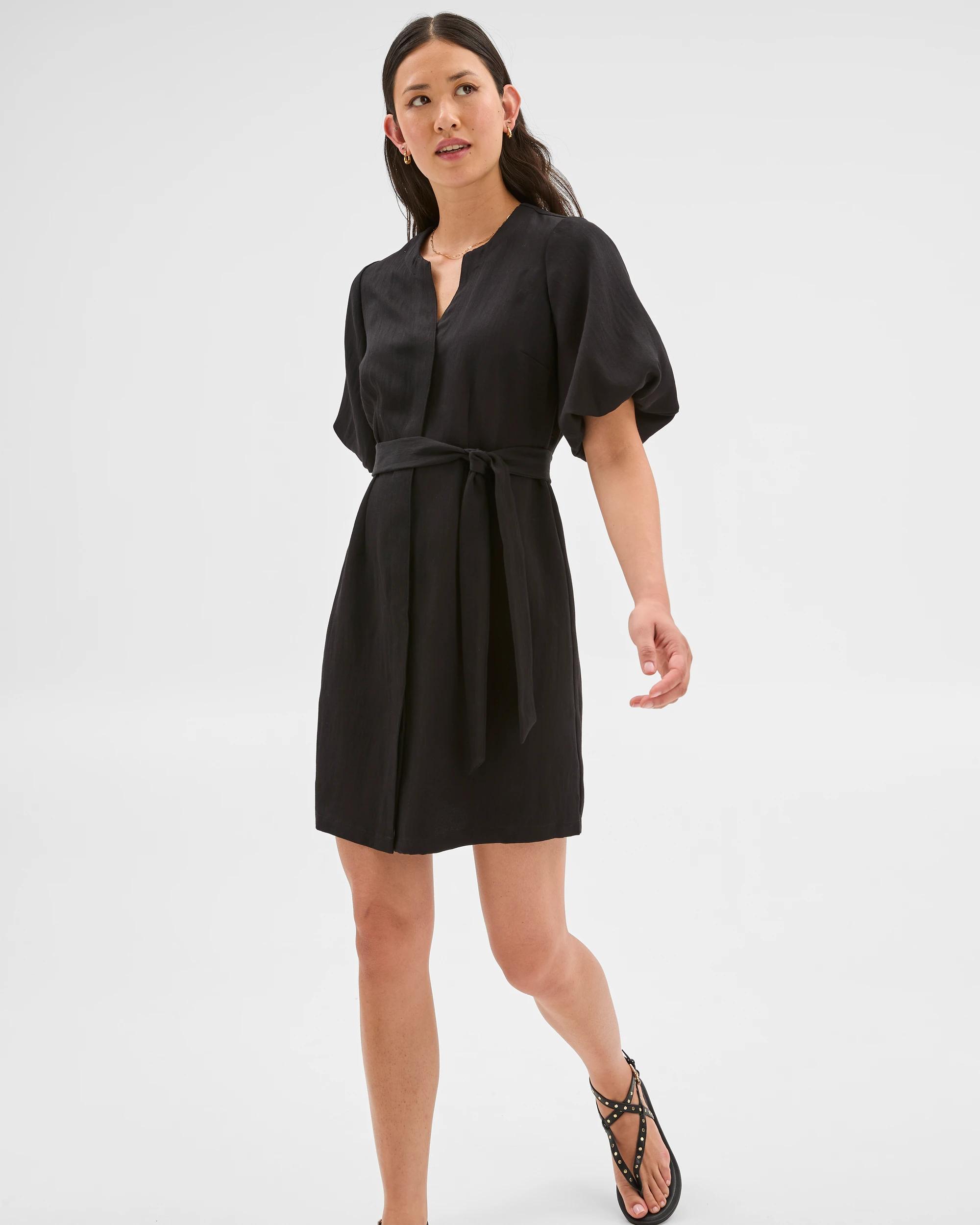 2 Puff Sleeve Mini Shirt Dress - Preview BLACK, 2 of 5