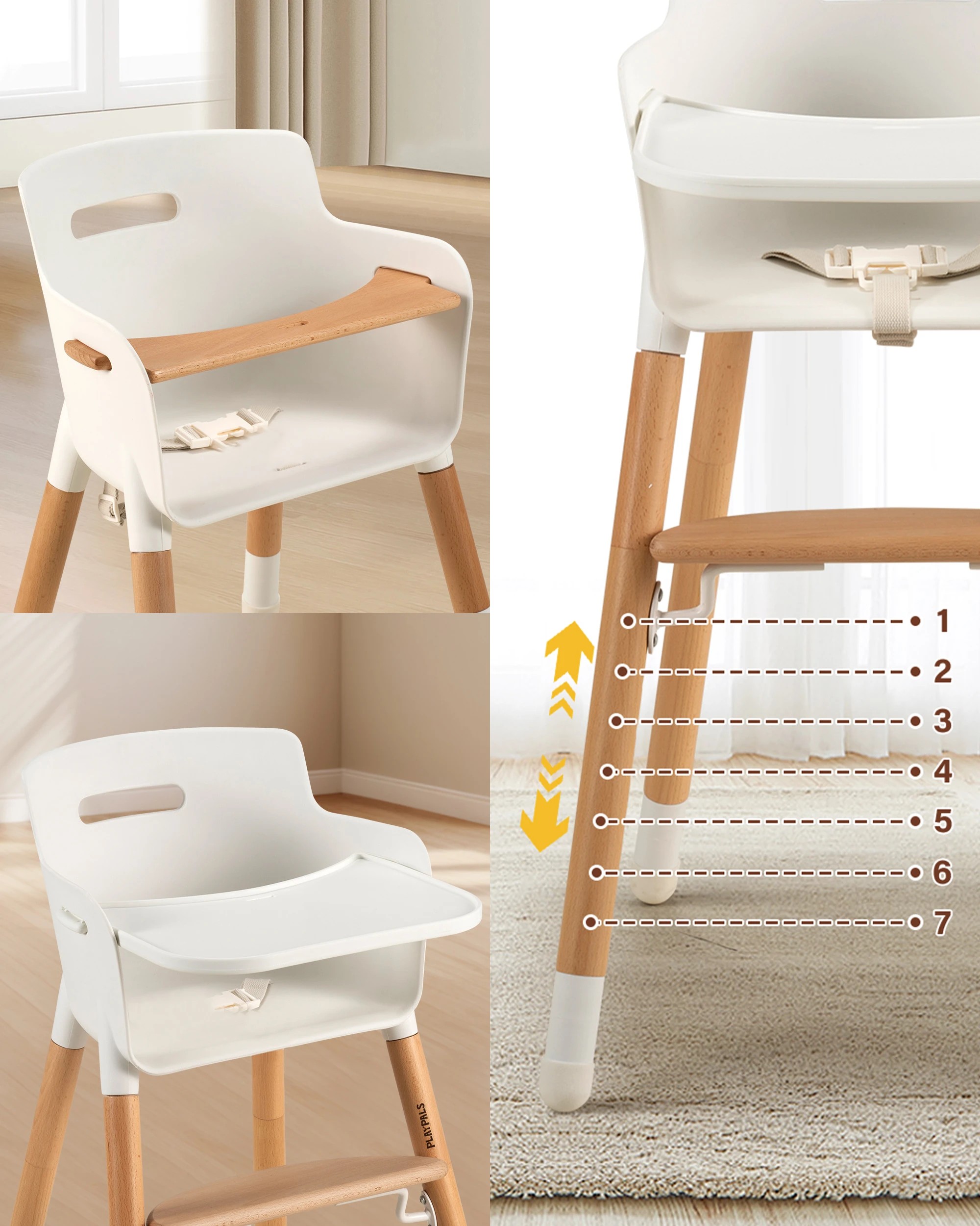 5 PlayPals Baby High Chair Wood Feeding Chairs 2 Height Modes Adjustable Footrest, 5 of 9