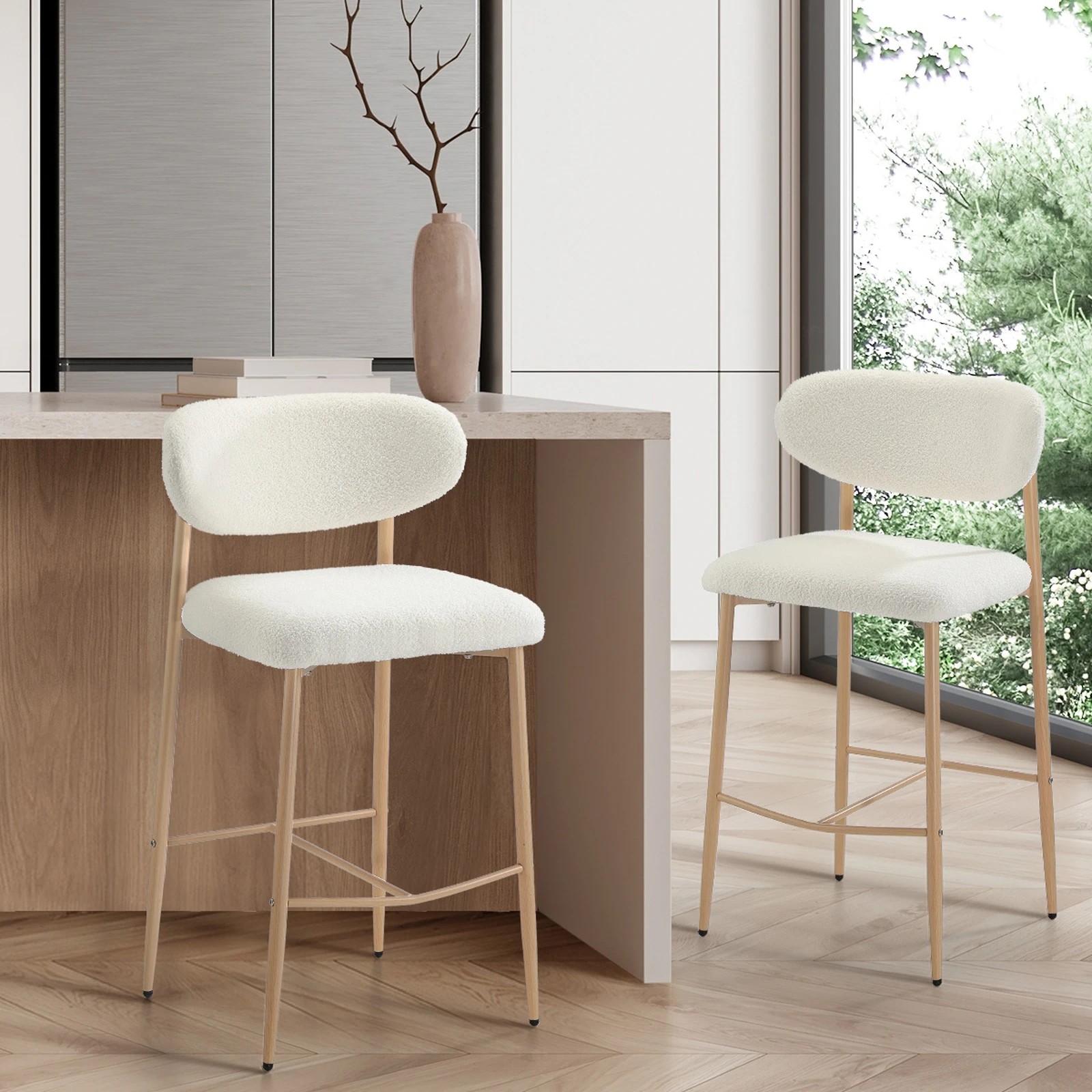 3 Oikiture 2x Bar Stools Kitchen Stool Counter Chair Boucle Fabric
 - Natural, 3 of 10