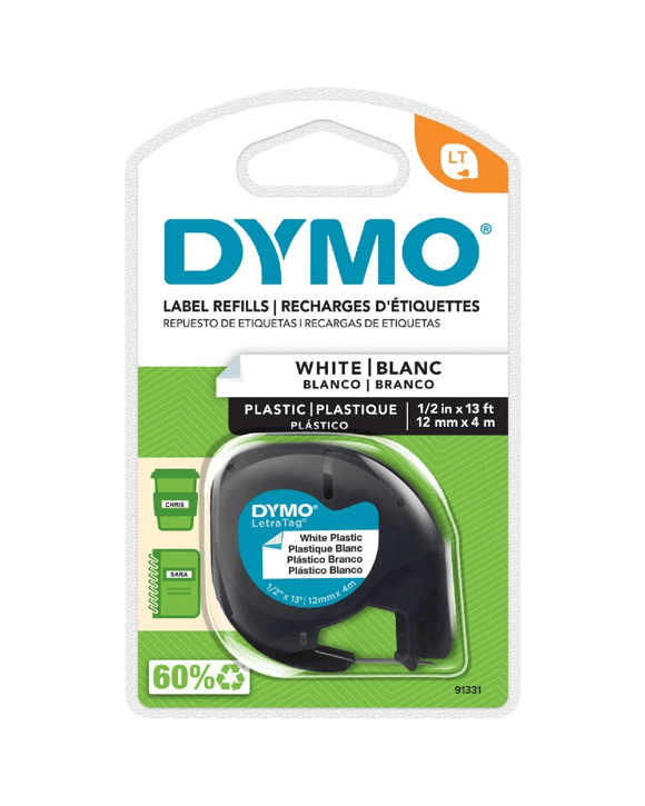 DYMO LetraTag Plastic Label Tape 12mm Black on White