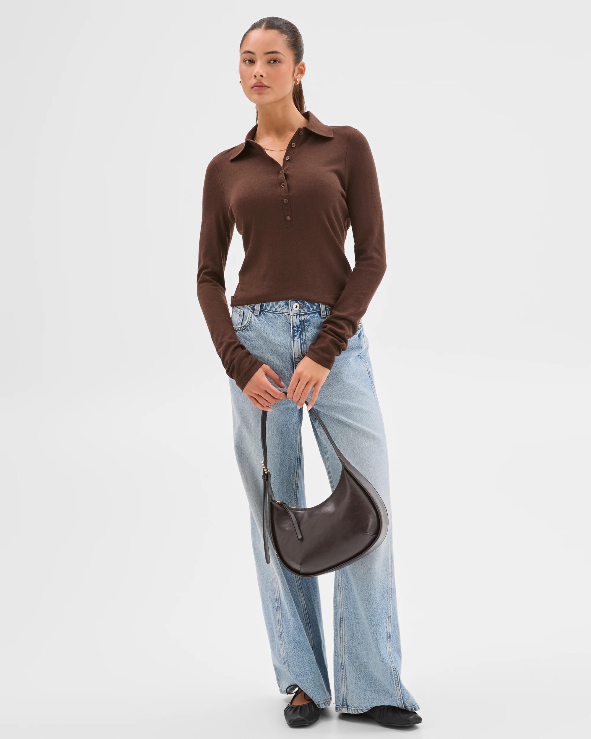 1 Lily Loves Long Sleeve Knit Polo Top COFFEE BEAN, 1 of 7