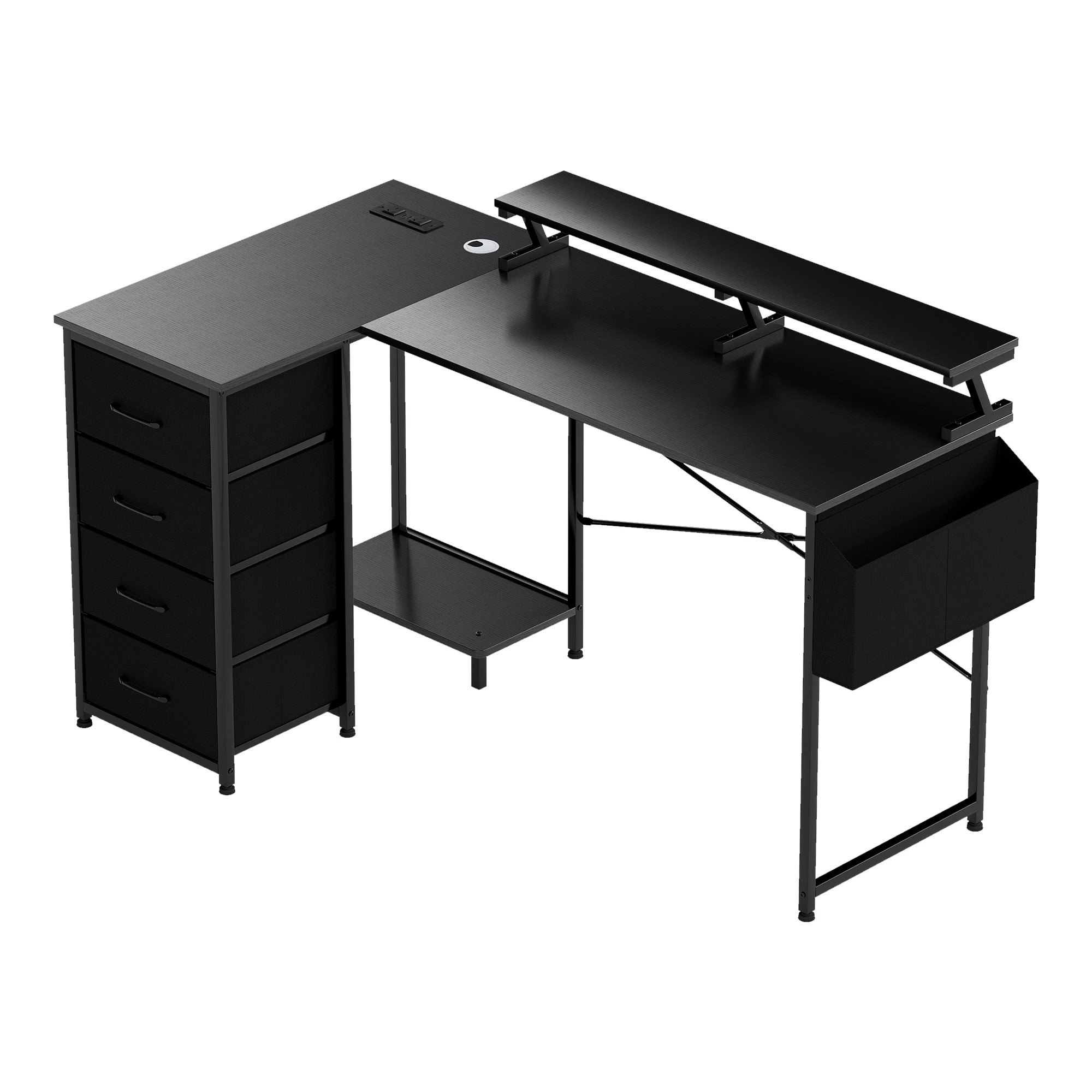 1 Levede L Shaped Gaming Desk with LED Storage Drawers Power Outlet - Black, 1 of 9
