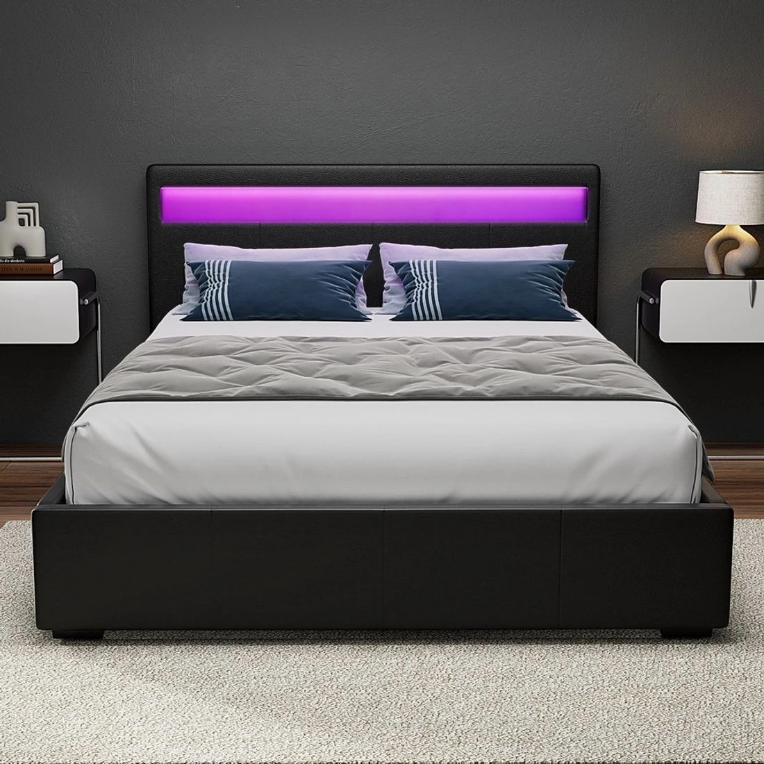 6 Artiss Bed Frame Double Size LED Gas Lift  COLE - Black, 6 of 10