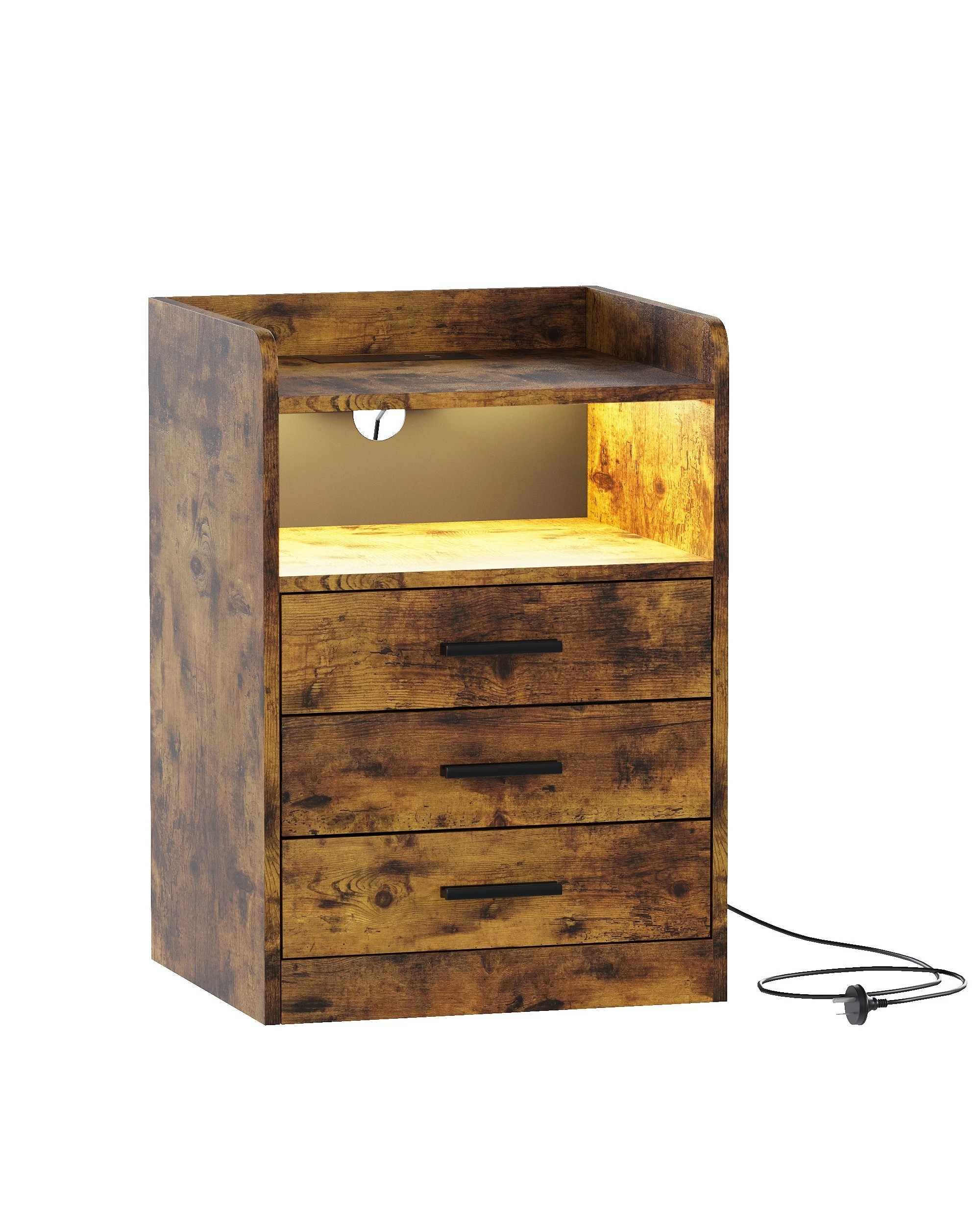 1 Advwin Bedside Table Rgb Led Nightstand Charging Station 3 Drawers Cabinet
 - Brown, 1 of 9