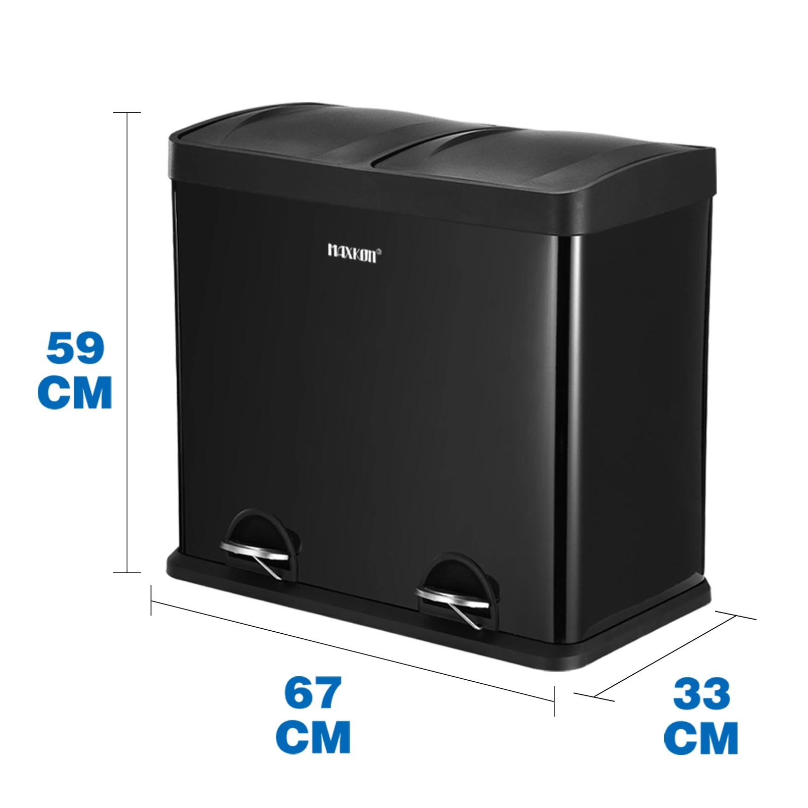 2 Maxkon 60L Rubbish Bin Dual Compartment Dustbin Pedal Recycling Trashcan Modern Kitchen Waste Garbage Coated Steel Black, 2 of 8