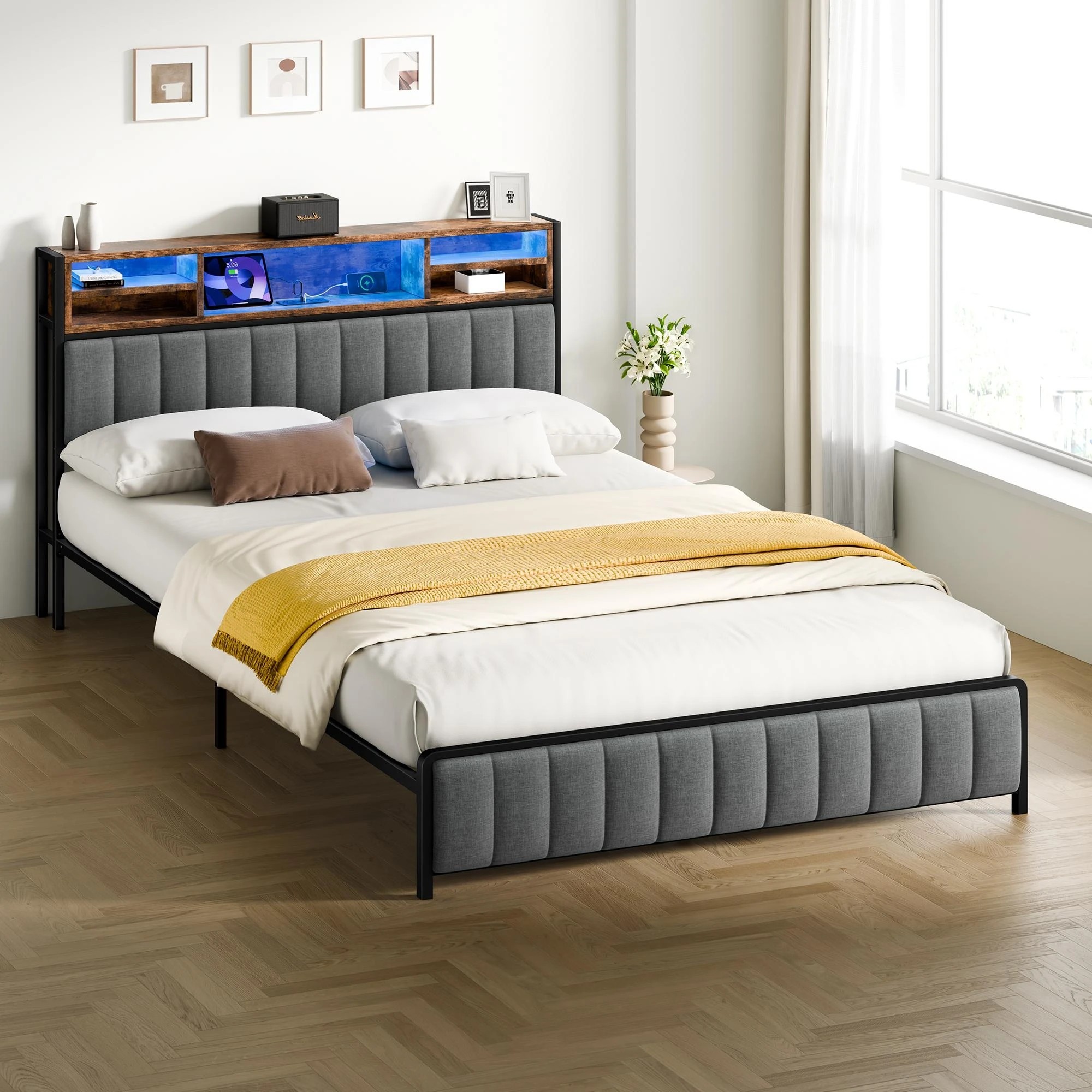 2 Alfordson Bed Frame Queen LED Charging Station Linen - Grey, 2 of 10