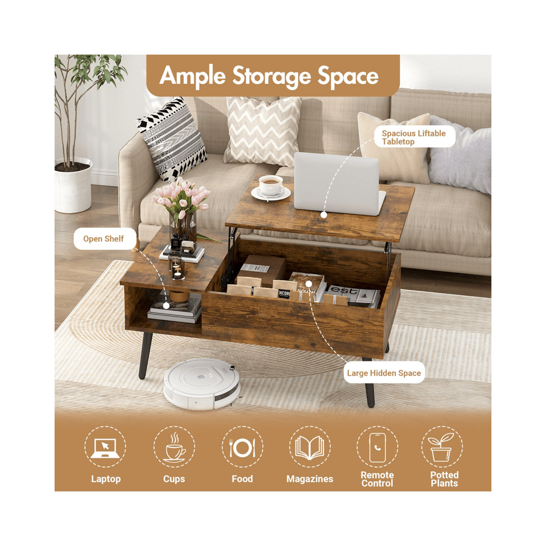 3 Advwin Lift Up Top Coffee Table Side Table w/ Hidden Storage & Shelf Walnut, 3 of 7