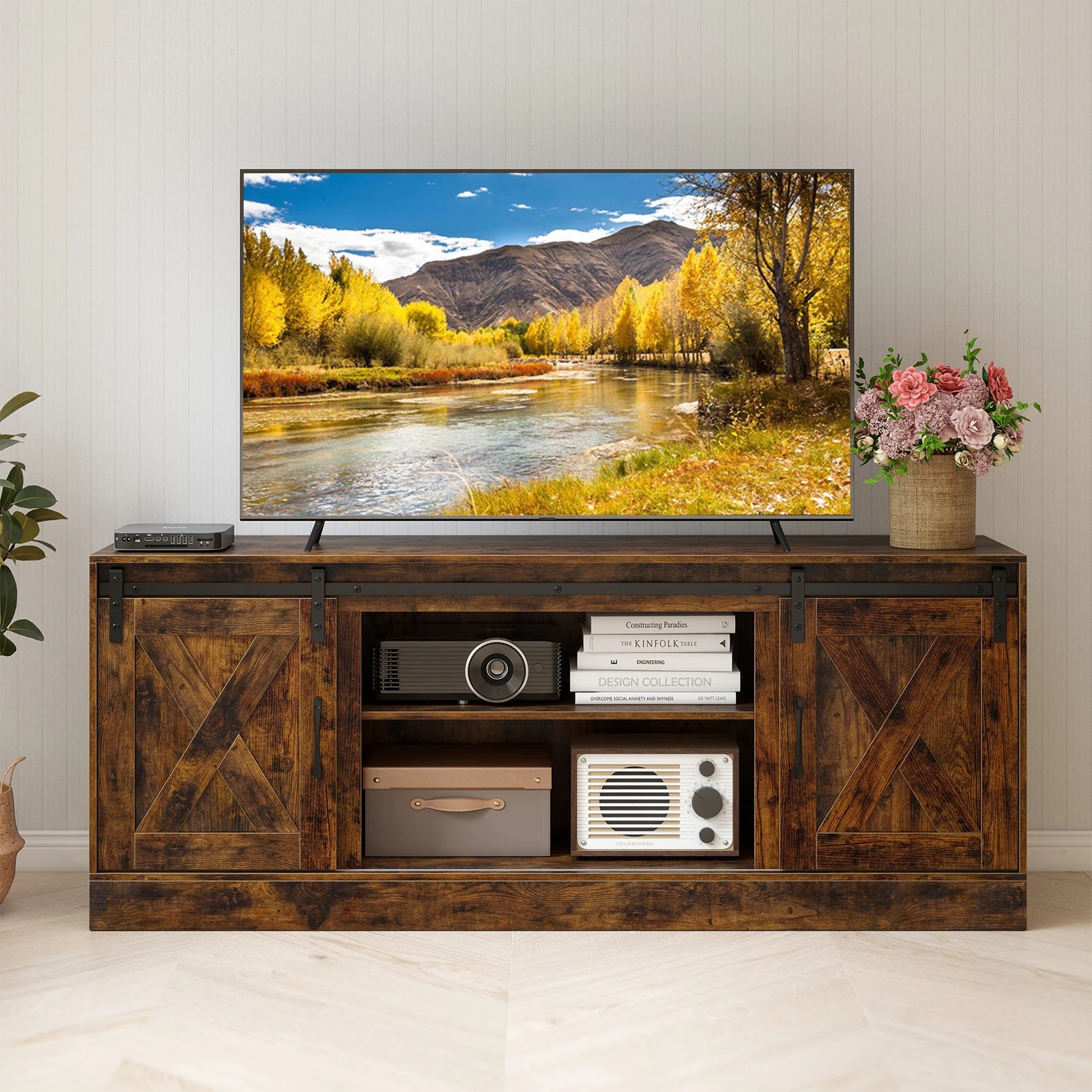 2 Costway TV Cabinet 1.5M Media Console Cabinet w/Sliding Barn Doors & Adjustable Shelves, 2 of 4
