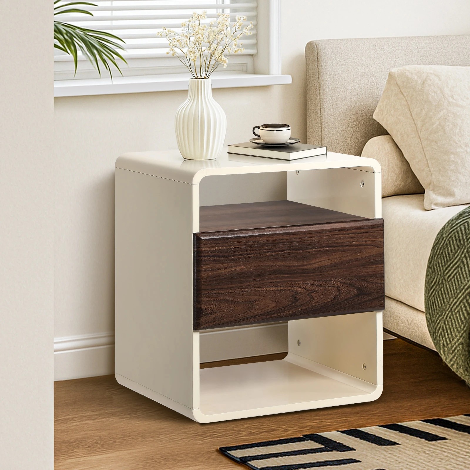 1 Oikiture Bedside Table Side Nightstand With Drawer Storage Shelf Retro-Modern - Multi, 1 of 9