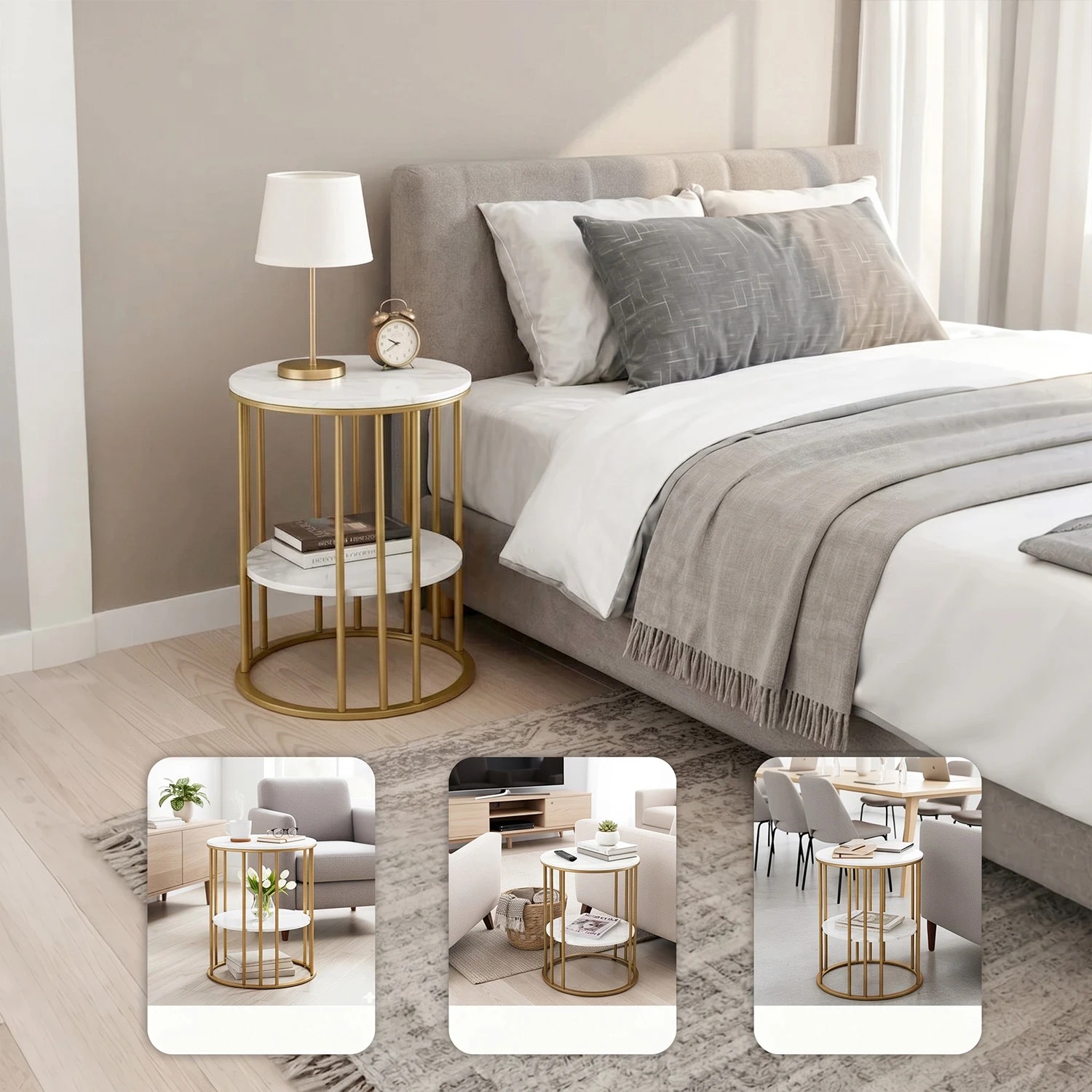 7 Artiss Side Table Set of 2 Marble Effect Round Coffee Table 2 Tier End Bedside Table Nightstand - White, 7 of 8