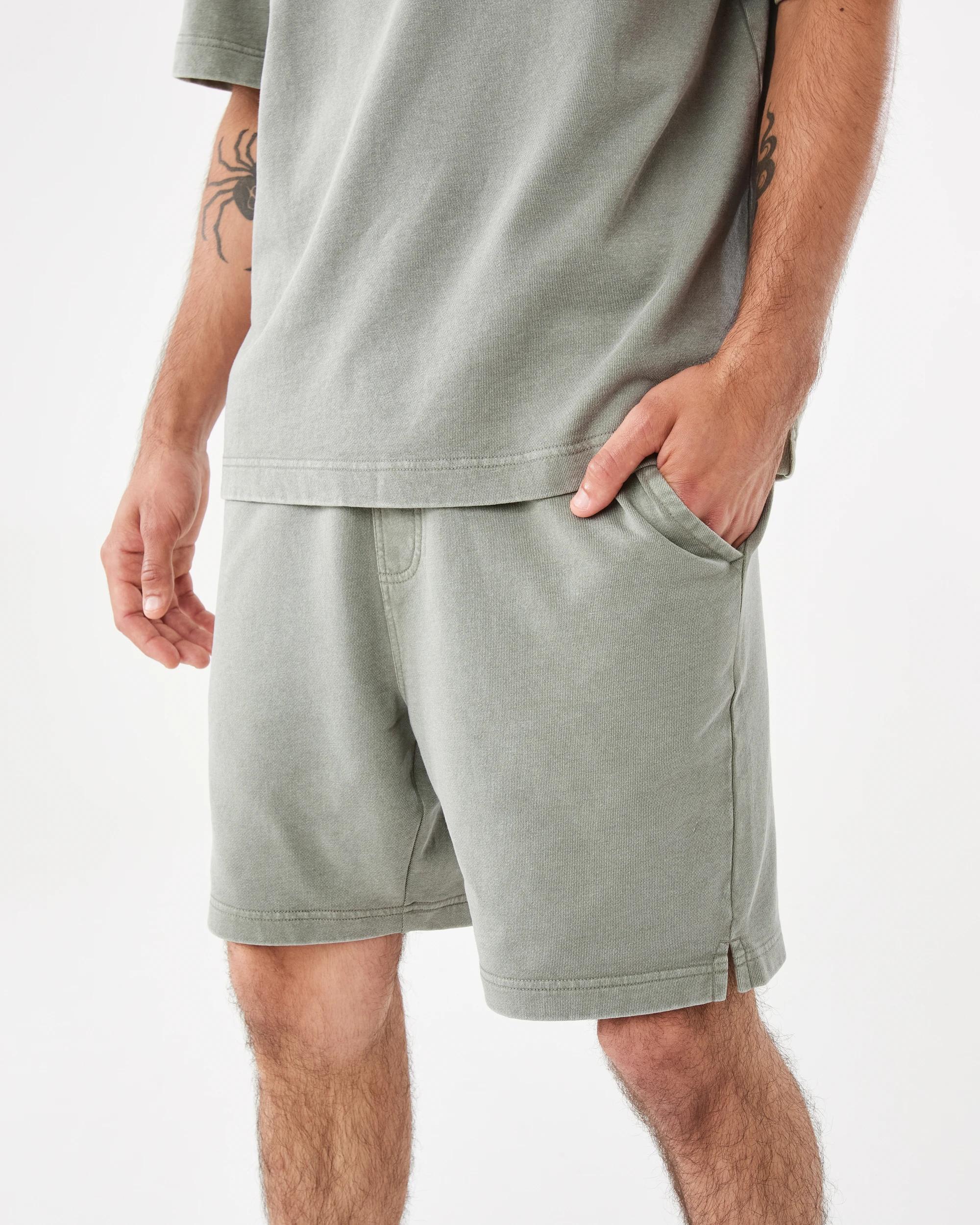 1 Elastic Waistband Washed Terry Shorts Grn Smkolv, 1 of 9