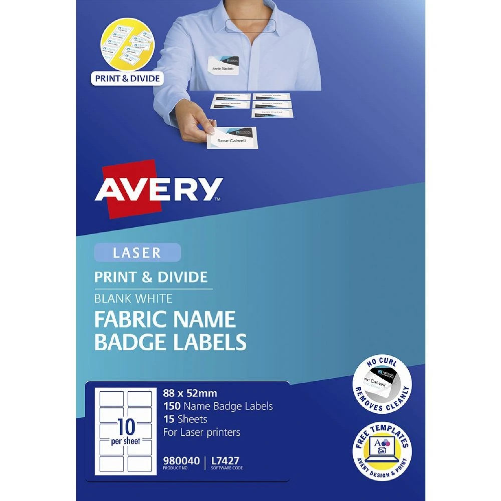 1 Avery Fabric Name Badge Labels 88 x 52mm White 150 Pack, 1 of 10