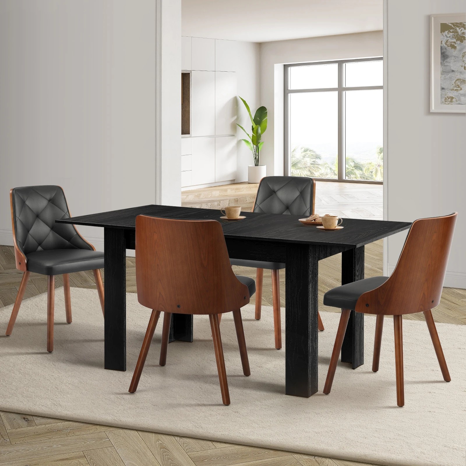 2 Oikiture 160cm Extendable Dining Table With 4pcs Dining Chairs Pu Leather
 - Black, 2 of 10